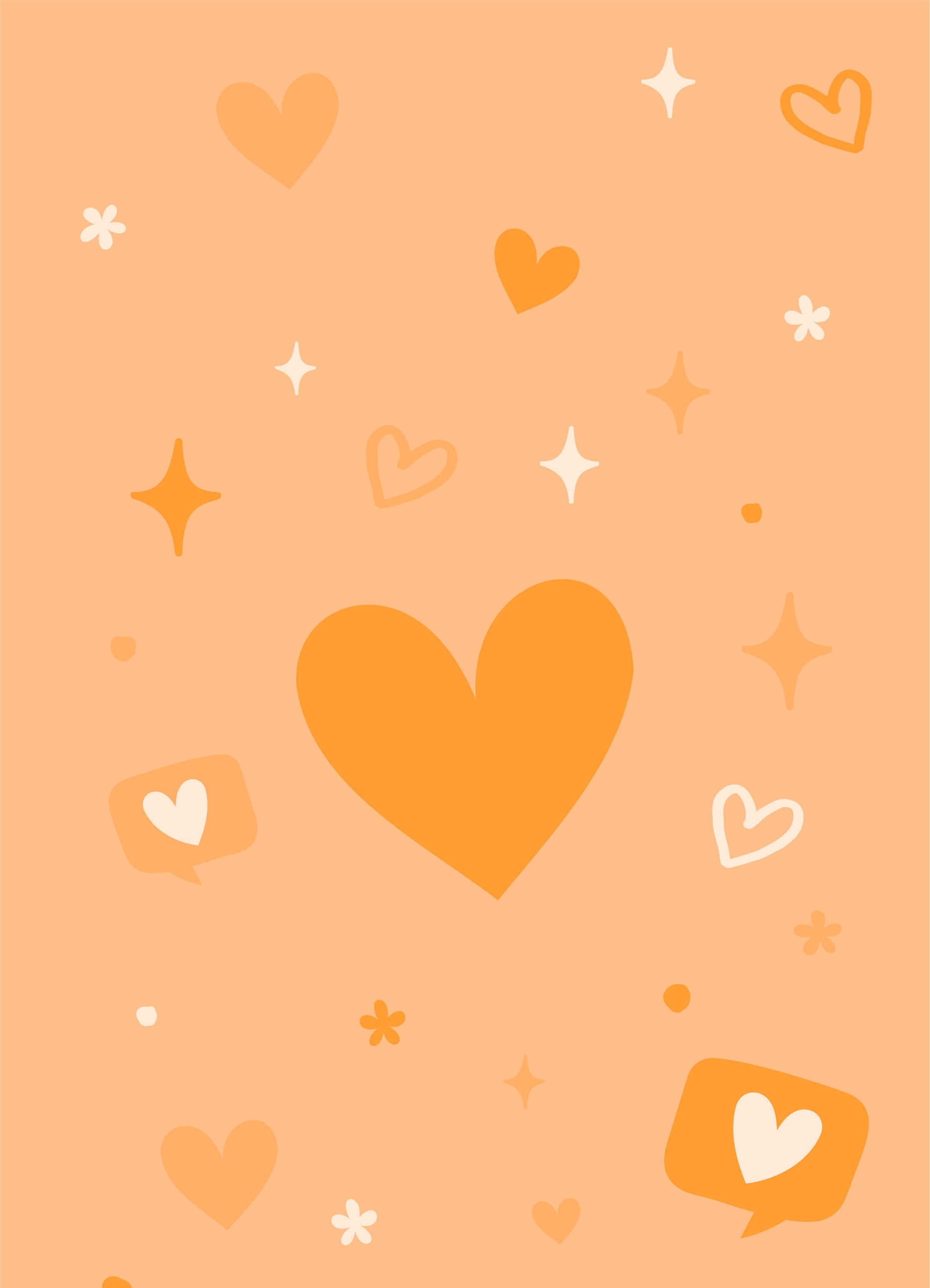 Orange Heart 桌布 壁紙 — 溫暖的桃色背景，點綴著散落的橙色心形和白色閃光，營造出歡快的浪漫氛圍。