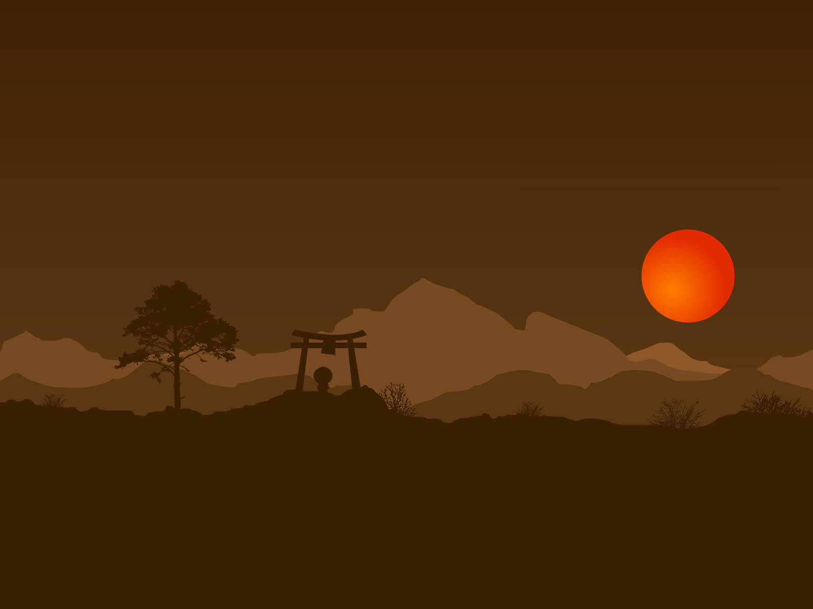 Minimalist iPad 桌布 壁紙 — 溫暖的棕色天空中，一輪發光的橙色夕陽緩緩落下，層疊的山巒襯托著鳥居和樹木的寧靜剪影。