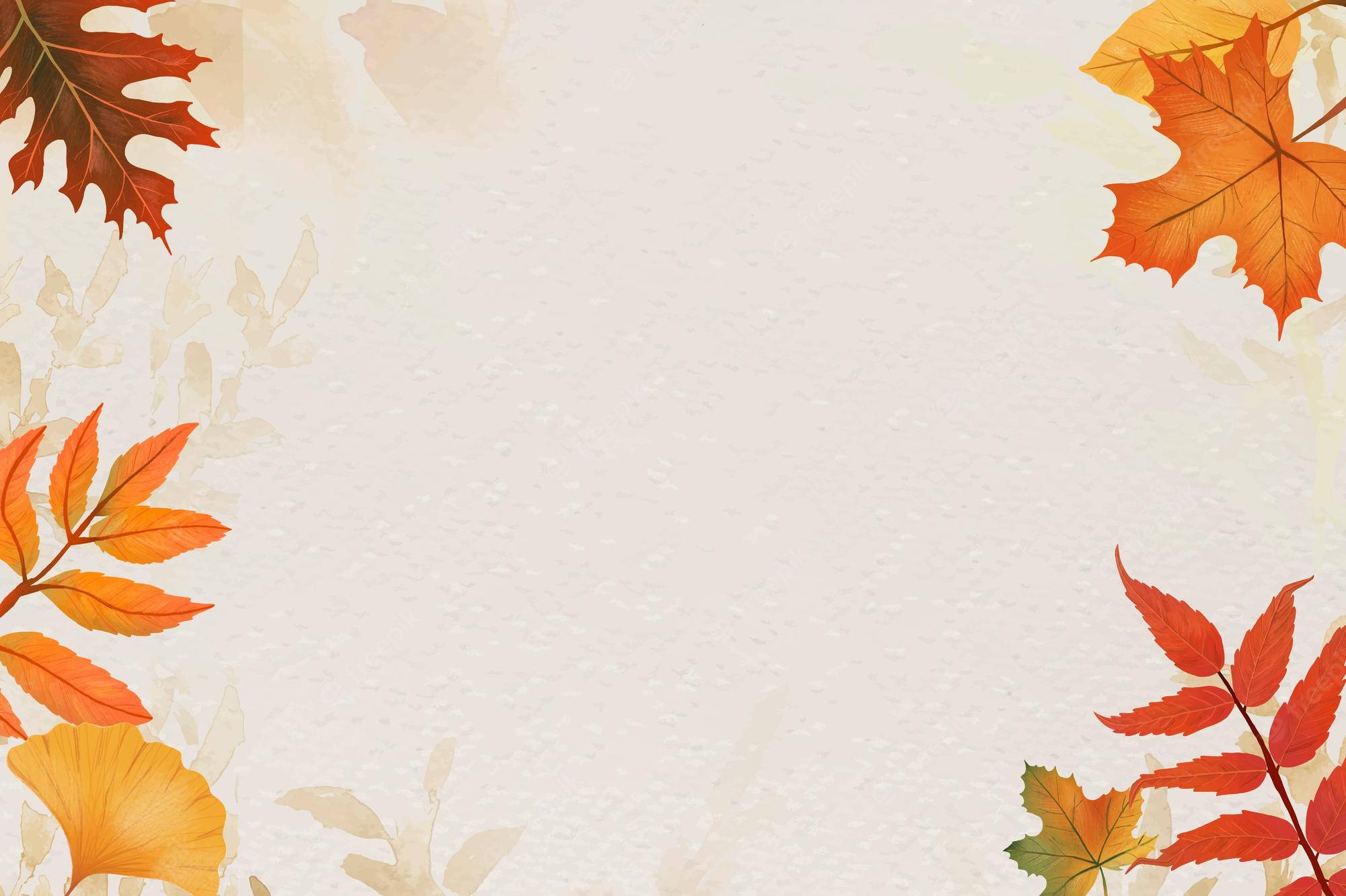 Autumn Leaves 桌布 壁紙 — 溫暖的橙、紅、黃色調的秋葉框住柔軟有紋理的米白色背景，提供充足的複製空間。