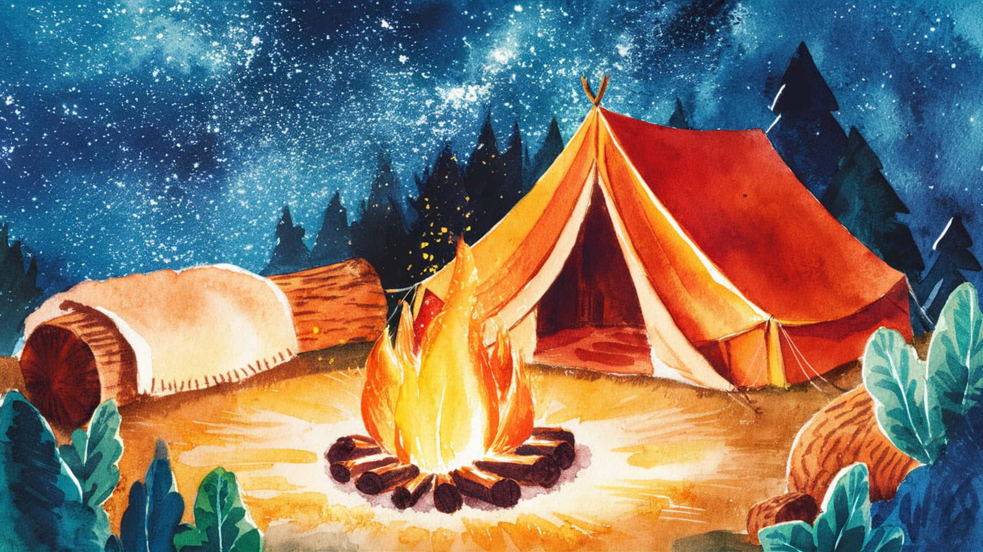 Happy Camping Adventure Night Background 壁紙 — 溫暖的營火在星空下，森林空地上的紅色帳篷旁閃耀。