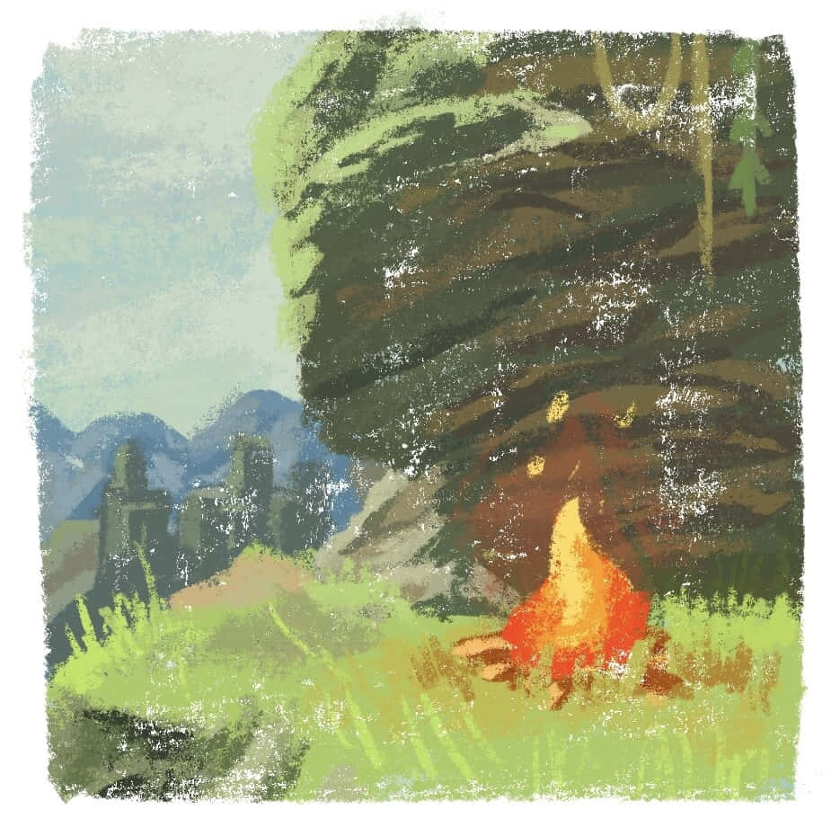 Botw 桌布 壁紙 — 溫暖的營火在草地上的一棵巨樹下閃耀，遠處有山巒，天空柔和。