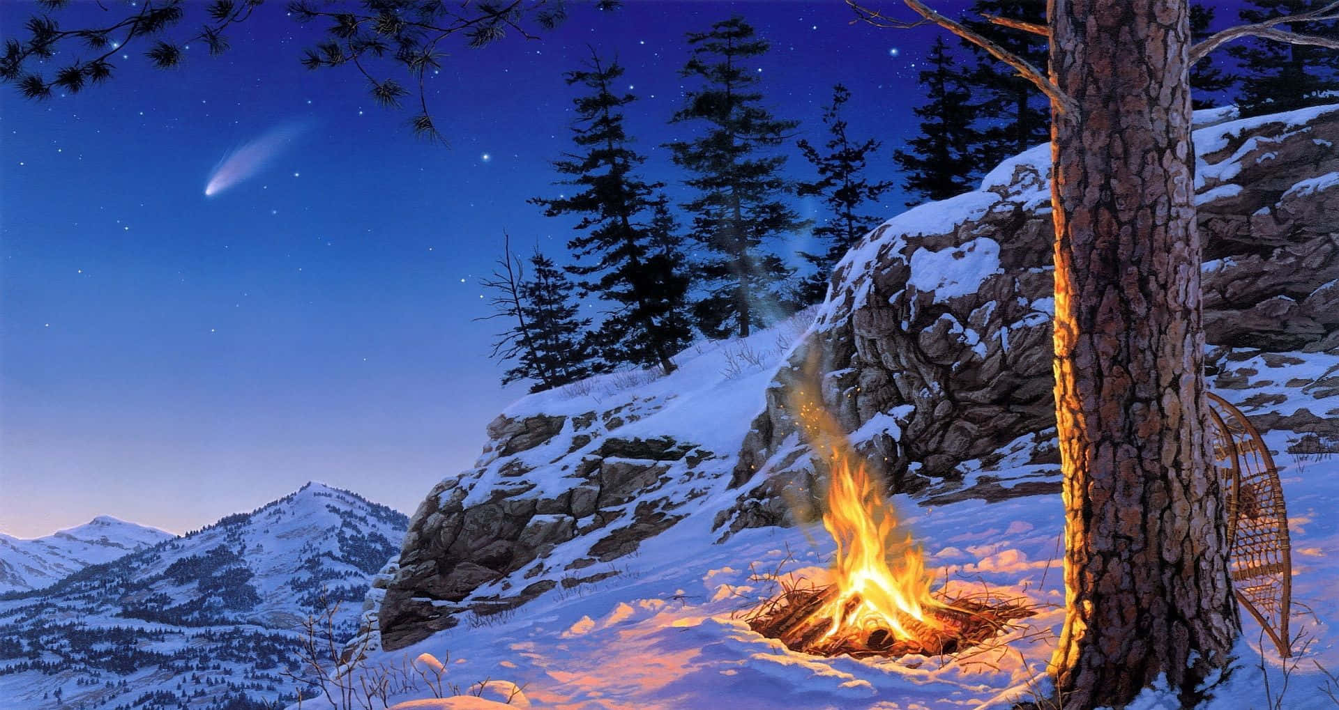 Campfire 桌布 壁紙 — 溫暖的營火在雪夜森林中閃耀，星空之上有彗星劃過。