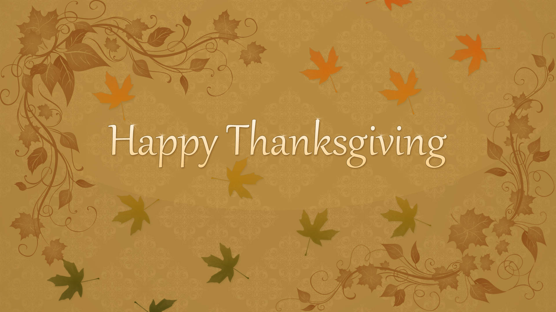 Thanksgiving Day 桌布 壁紙 — 溫暖的秋季主題桌布，帶有旋轉的藤蔓邊框和飄落的楓葉，環繞著「Happy Thanksgiving」文字。