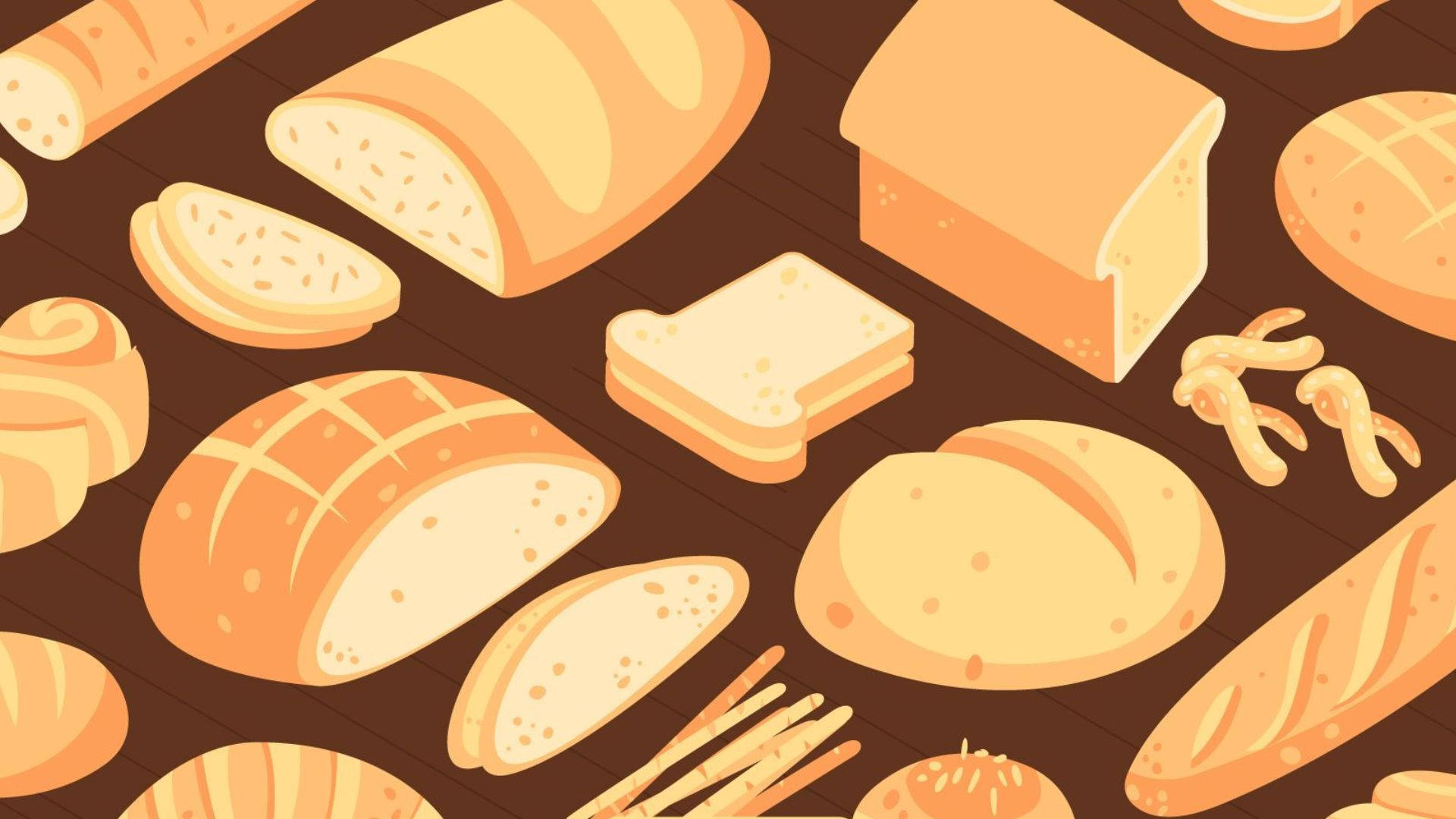 Bread 桌布 壁紙 — 溫暖的等距插圖，展示各種金黃色麵包和糕點散落在深色木質表面上。