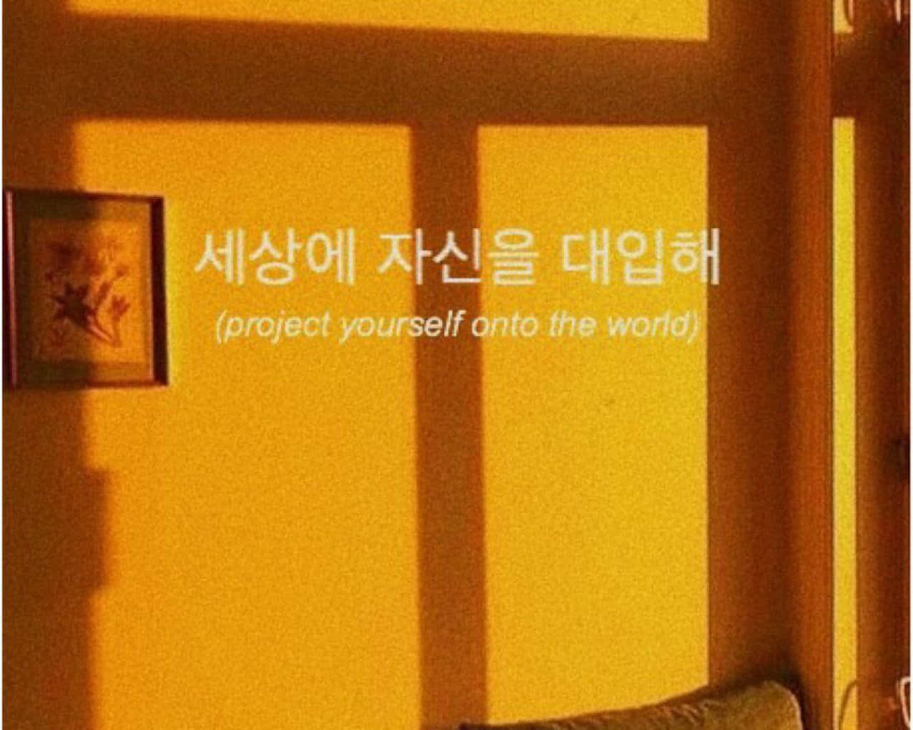 Aesthetic Korean 桌布 壁紙 — 溫暖的金色光線在紋理牆壁上投下強烈的陰影，韓文文字疊加在帶框的圖片上。