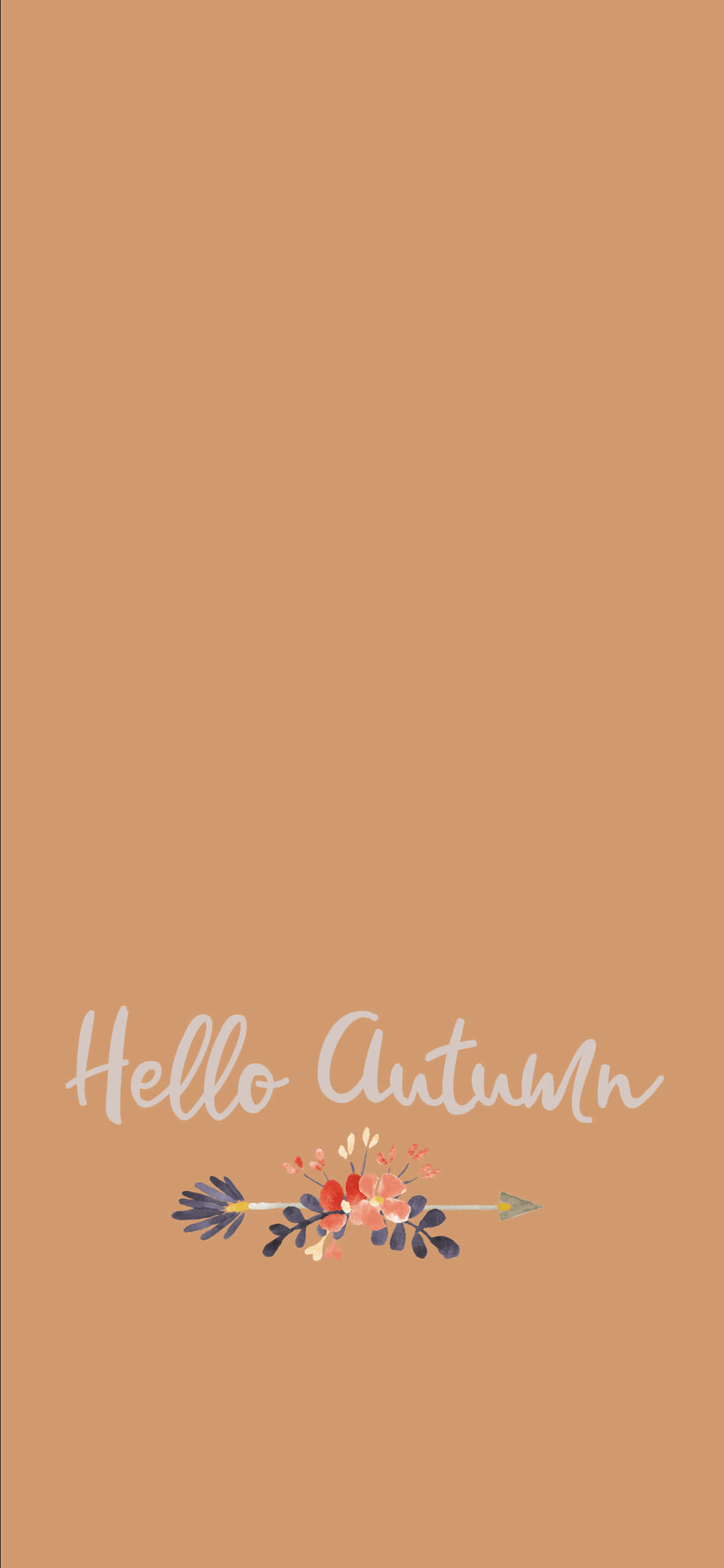 Cute Autumn iPhone 桌布 壁紙 — 溫暖的陶土背景上，優雅的白色手寫體寫著「Hello Autumn」，上方有一個裝飾性的箭頭，點綴著秋日花朵。