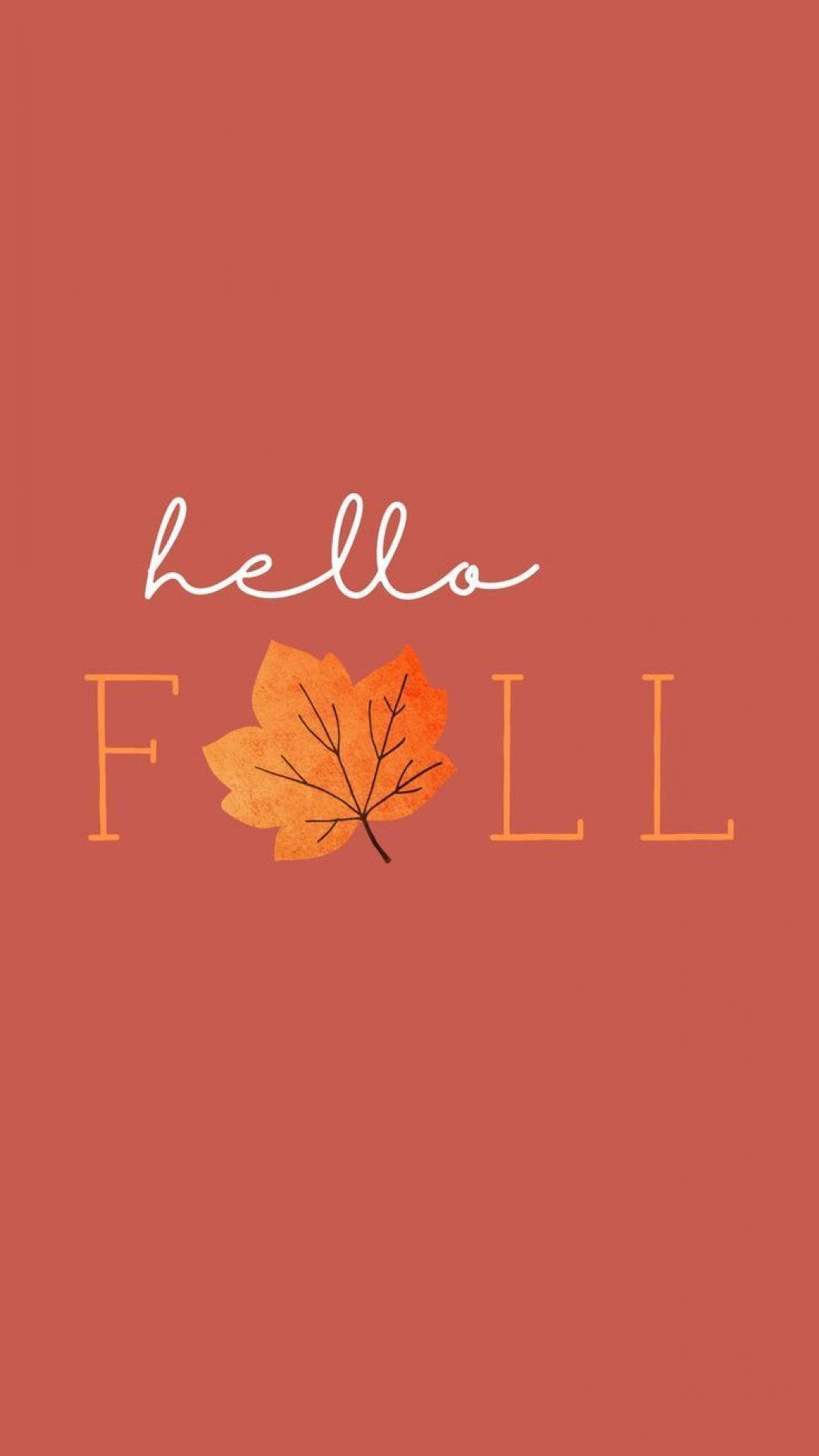 Thanksgiving 桌布 壁紙 — 溫暖的陶土色背景上顯示「hello FOLL」字樣，並以橙色楓葉取代字母O。
