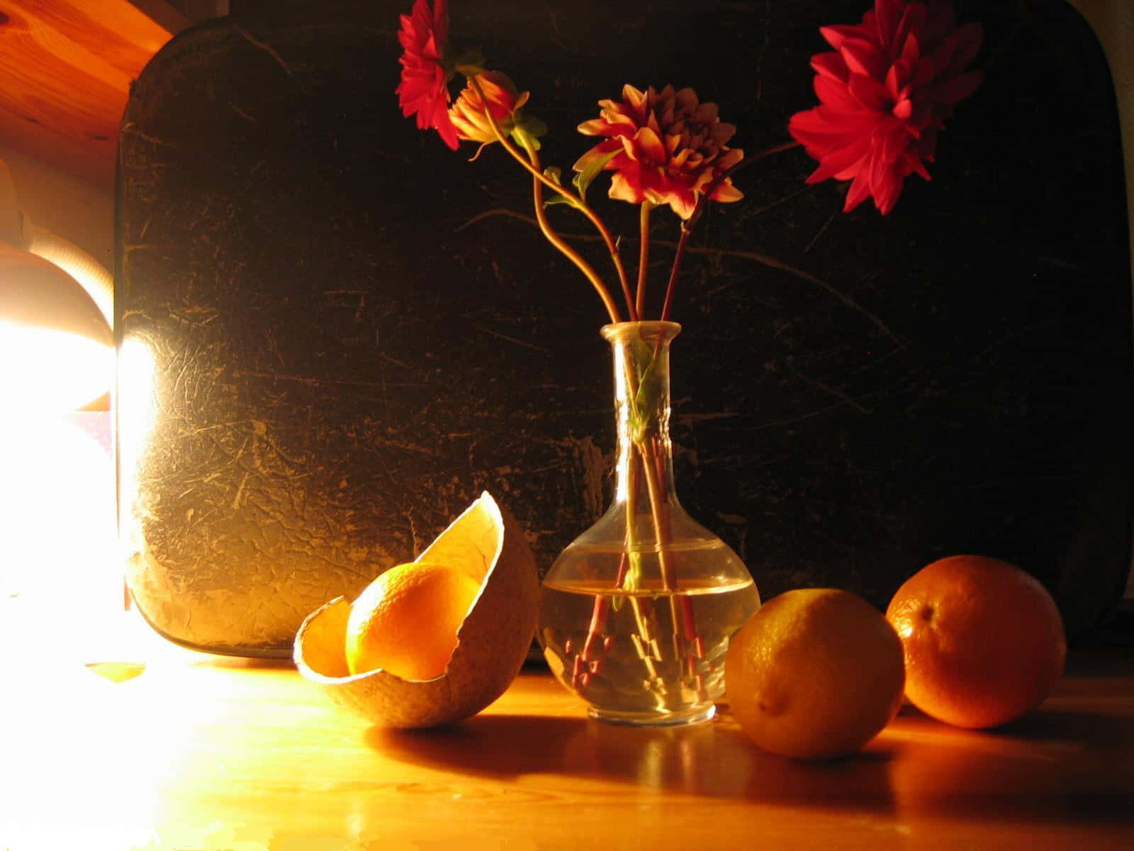 still life 桌布 壁紙 — 溫暖的陽光照射著一個玻璃花瓶，裡面有紅花和柳橙，放在木桌上，背景是深色的。