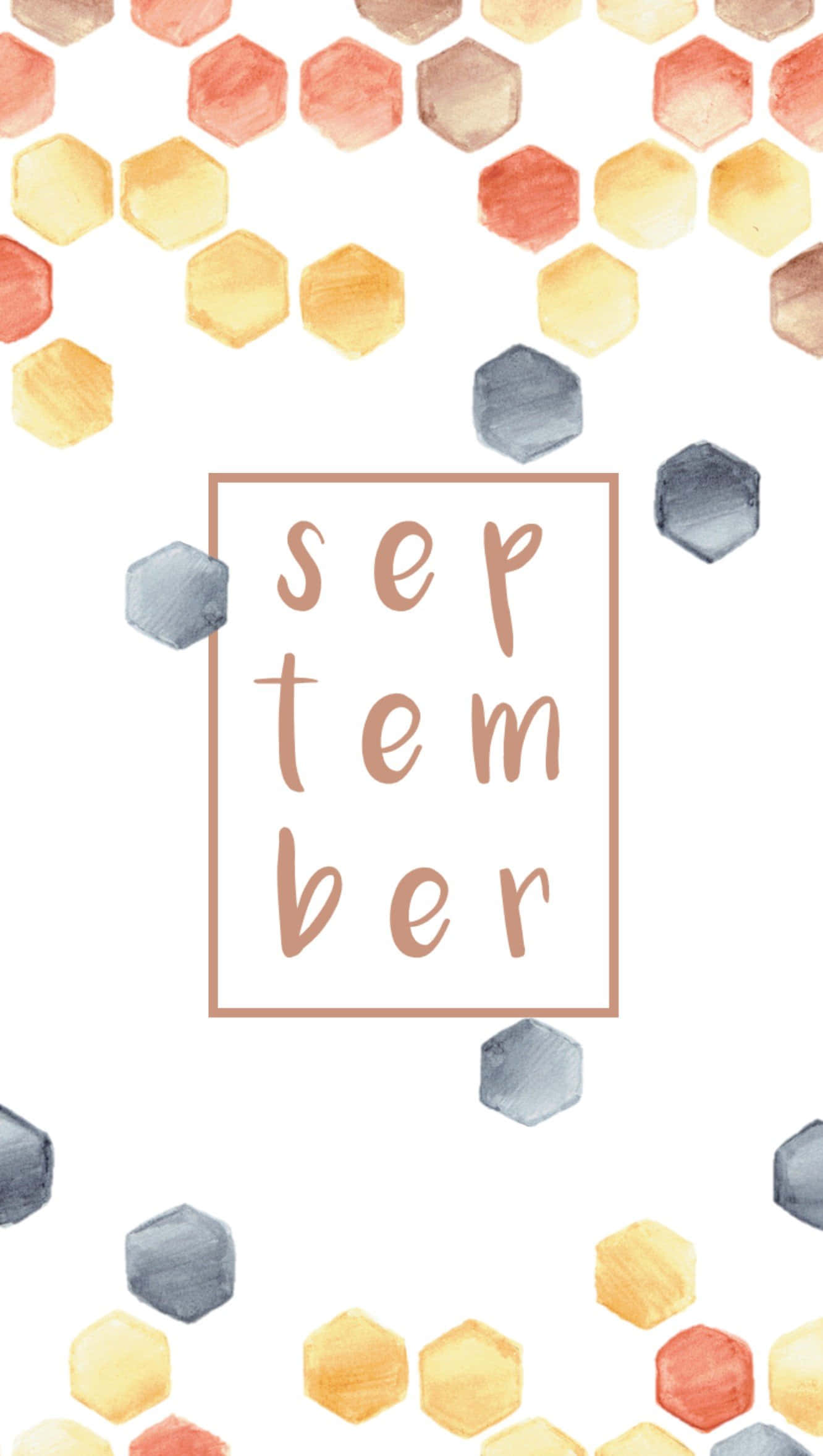 September iPhone 桌布 壁紙 — 溫暖秋色調的水彩六邊形框住以柔和手寫字體呈現的「september」一詞。
