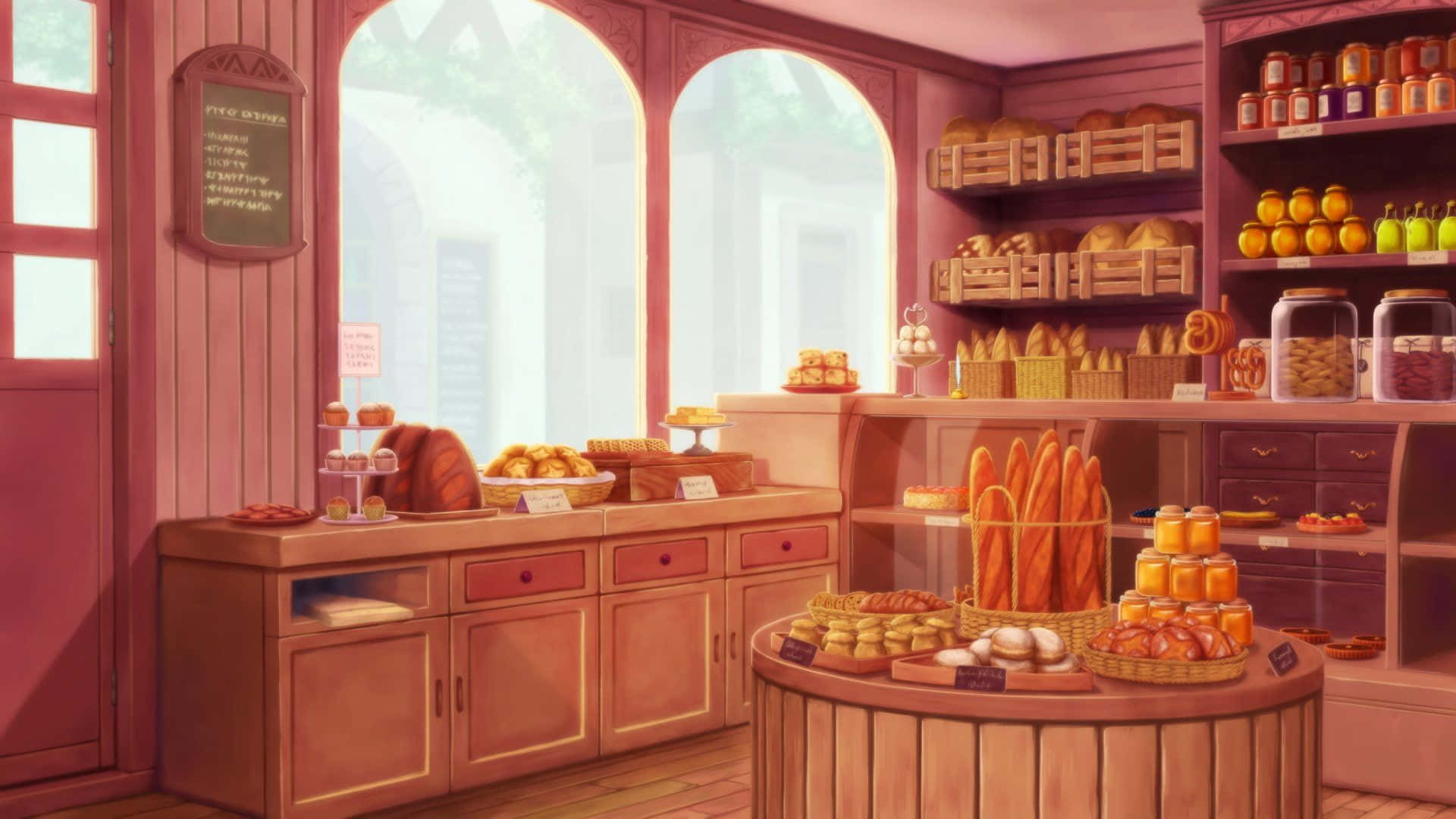 Bakery 桌布 壁紙 — 溫暖粉紅色麵包店內部，充滿新鮮麵包、糕點和果醬罐，在柔和日光下。