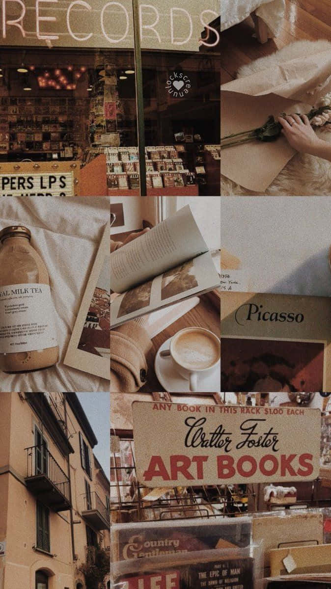 pastel 桌布 壁紙 — 溫暖色調的拼貼畫，包含復古唱片店櫥窗、咖啡杯、藝術書籍和手寫標誌，喚起舒適的懷舊感。