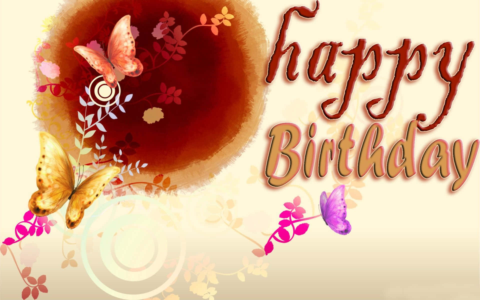 Birthday Wishes 桌布 壁紙 — 溫暖色調的生日祝福，蝴蝶和花卉漩渦環繞優雅的手寫文字。