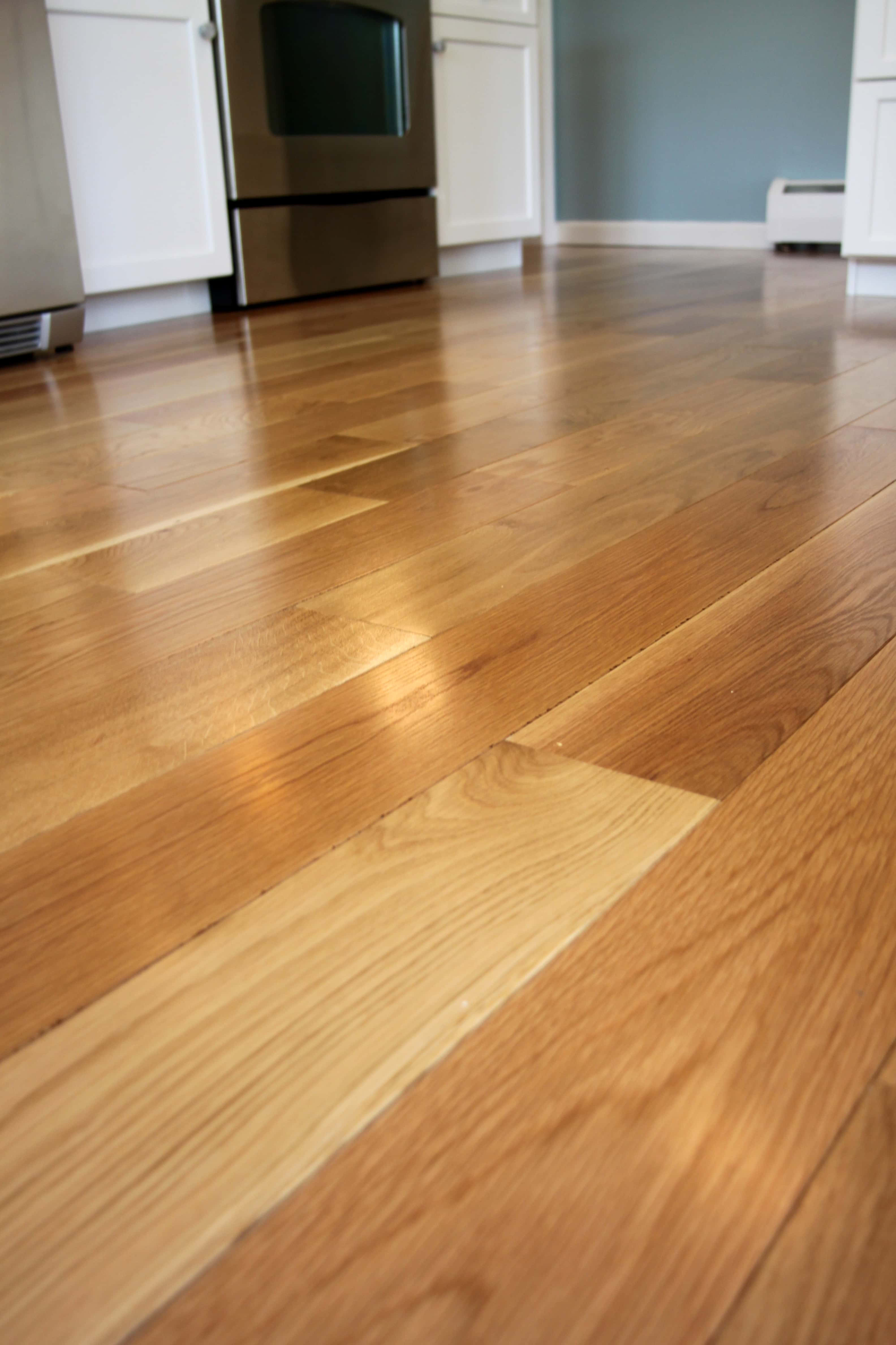 Wood Floor 桌布 壁紙 — 溫暖蜂蜜色調的硬木地板在現代廚房柔和的燈光下閃閃發光，搭配白色櫥櫃和不鏽鋼電器。