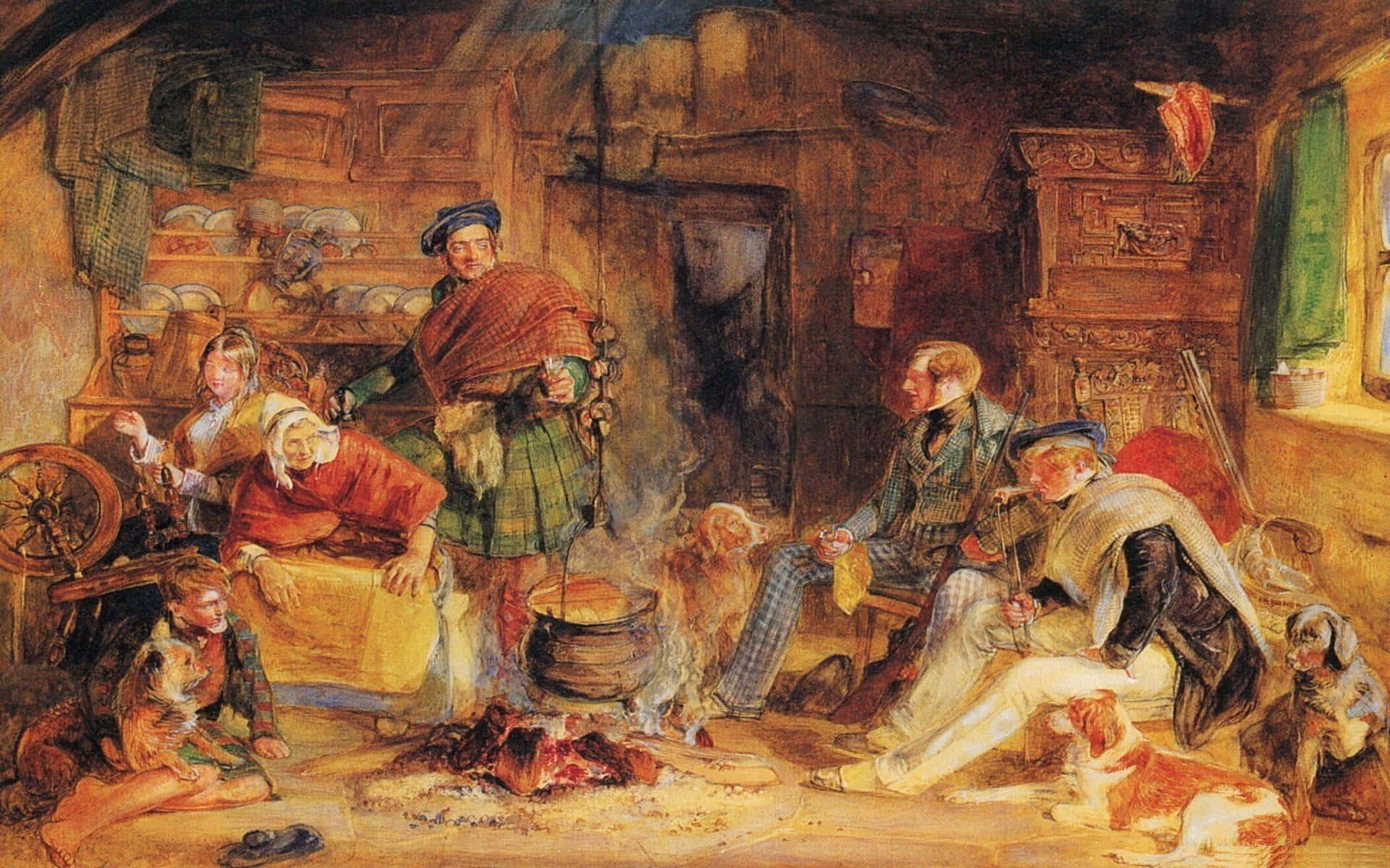 Painting 桌布 壁紙 — 溫暖質樸的小屋場景，人們在舒適的木質室內圍坐在火堆旁。
