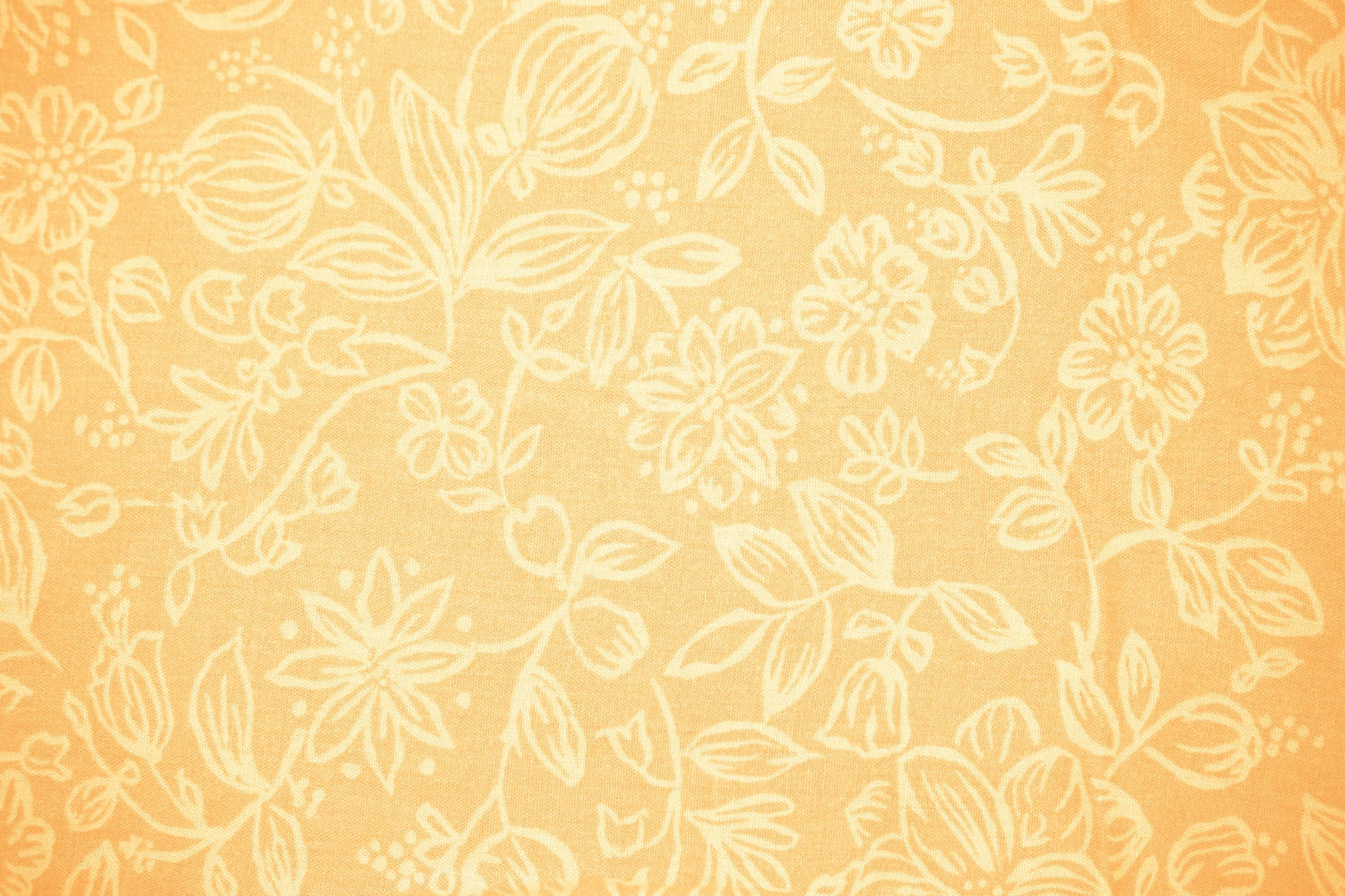 Fabric 桌布 壁紙 — 溫暖金色壁紙，在紋理織物背景上帶有精緻的白色花卉和藤蔓圖案。