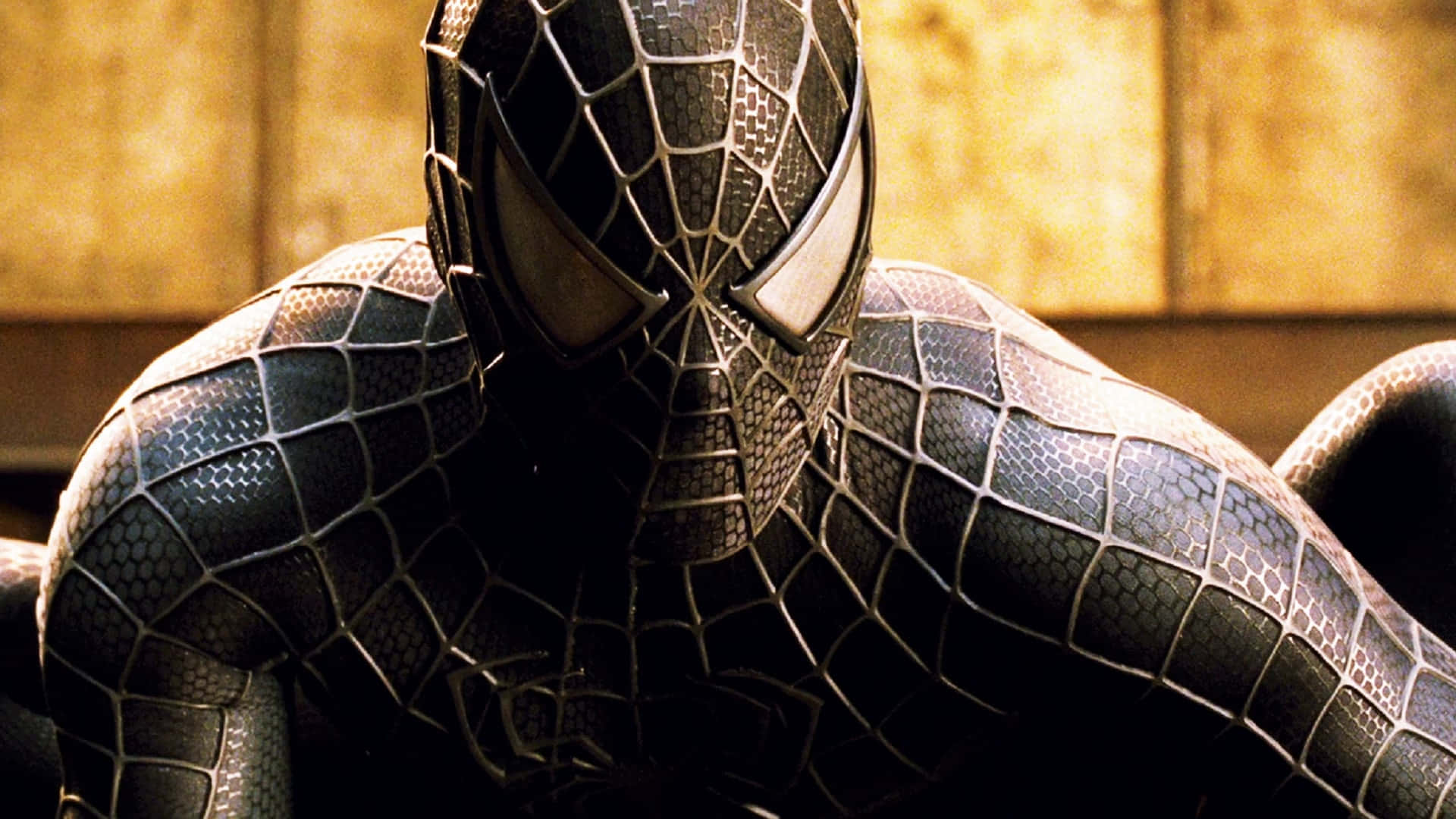 Spider Man 3 桌布 壁紙 — 溫暖金色背景上黑色蜘蛛人服裝的銀色蛛網圖案特寫。