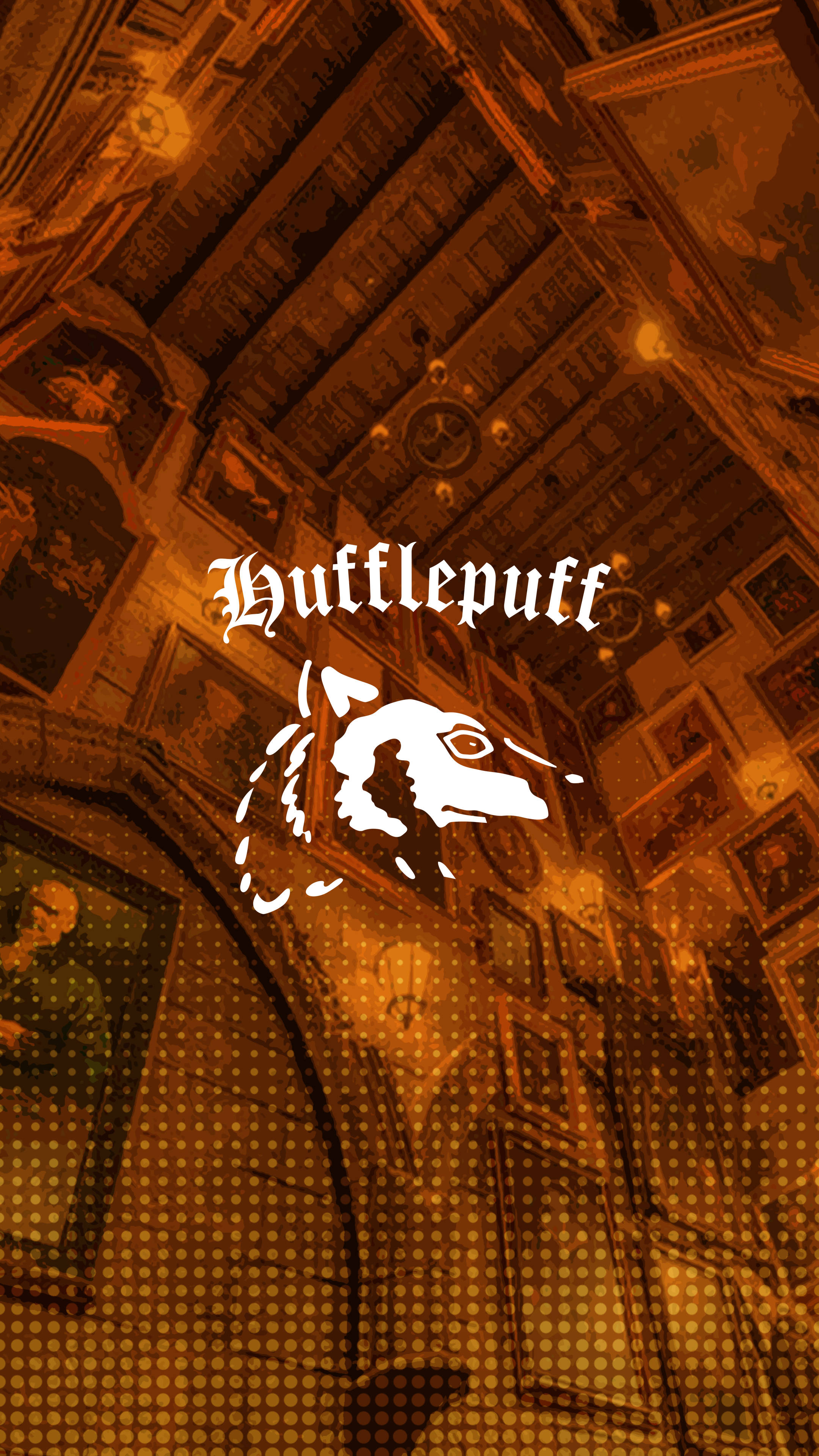 Hogwarts Aesthetic 桌布 壁紙 — 溫暖金色調的霍格華茲交誼廳，掛有畫像，赫夫帕夫院徽在點點背景上發光。