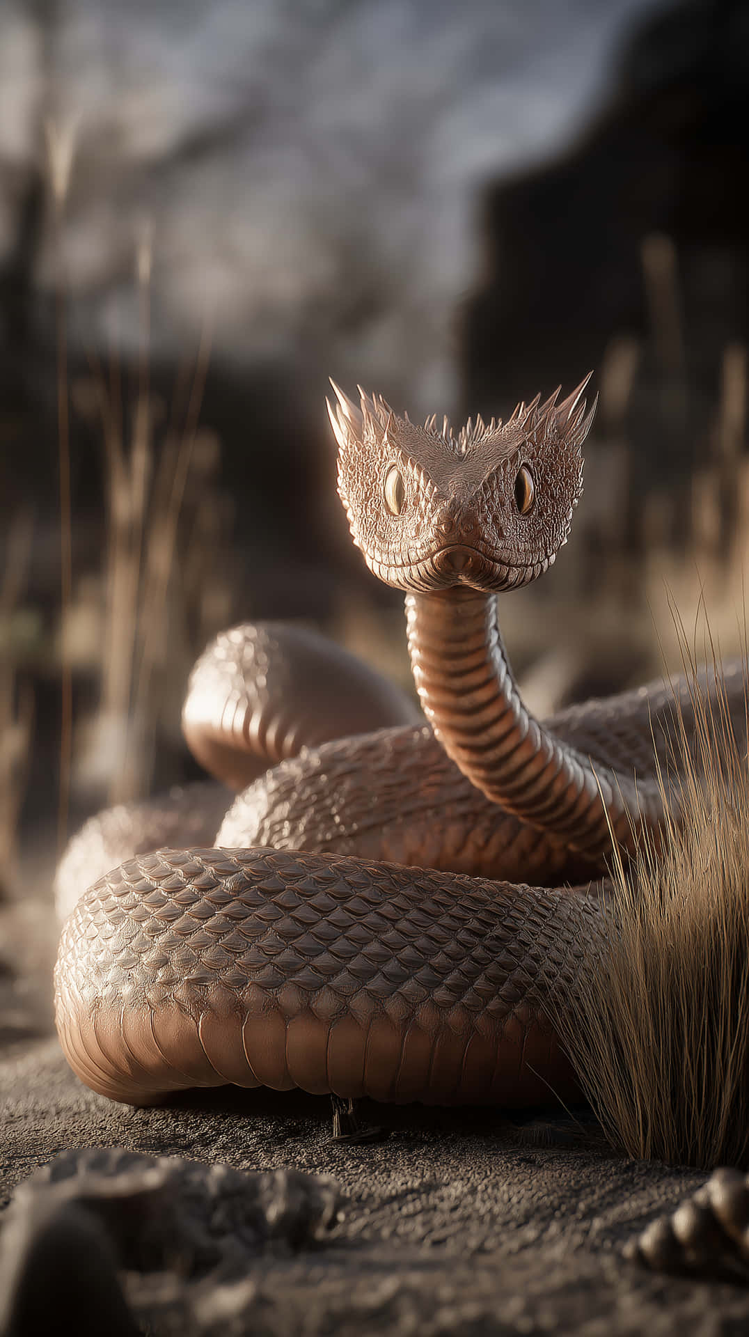 Mystical Desert Serpent with Dragon-like Features 壁紙 — 溫暖陽光下，乾草中盤繞的帶刺角蛇的詳細特寫。