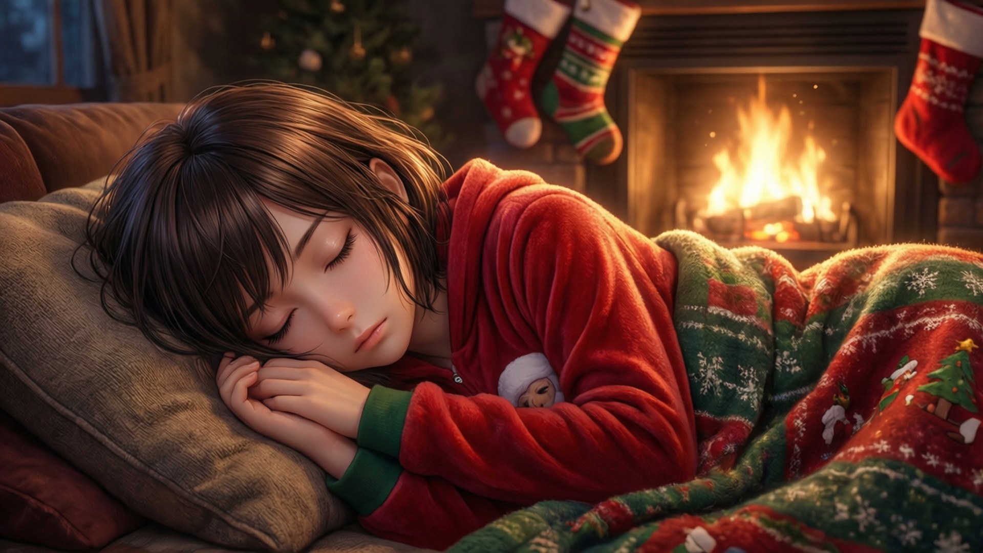 溫馨聖誕小憩 壁紙 — 一個小女孩穿著節日睡衣，在噼啪作響的壁爐旁安詳入睡，上方掛著聖誕襪。