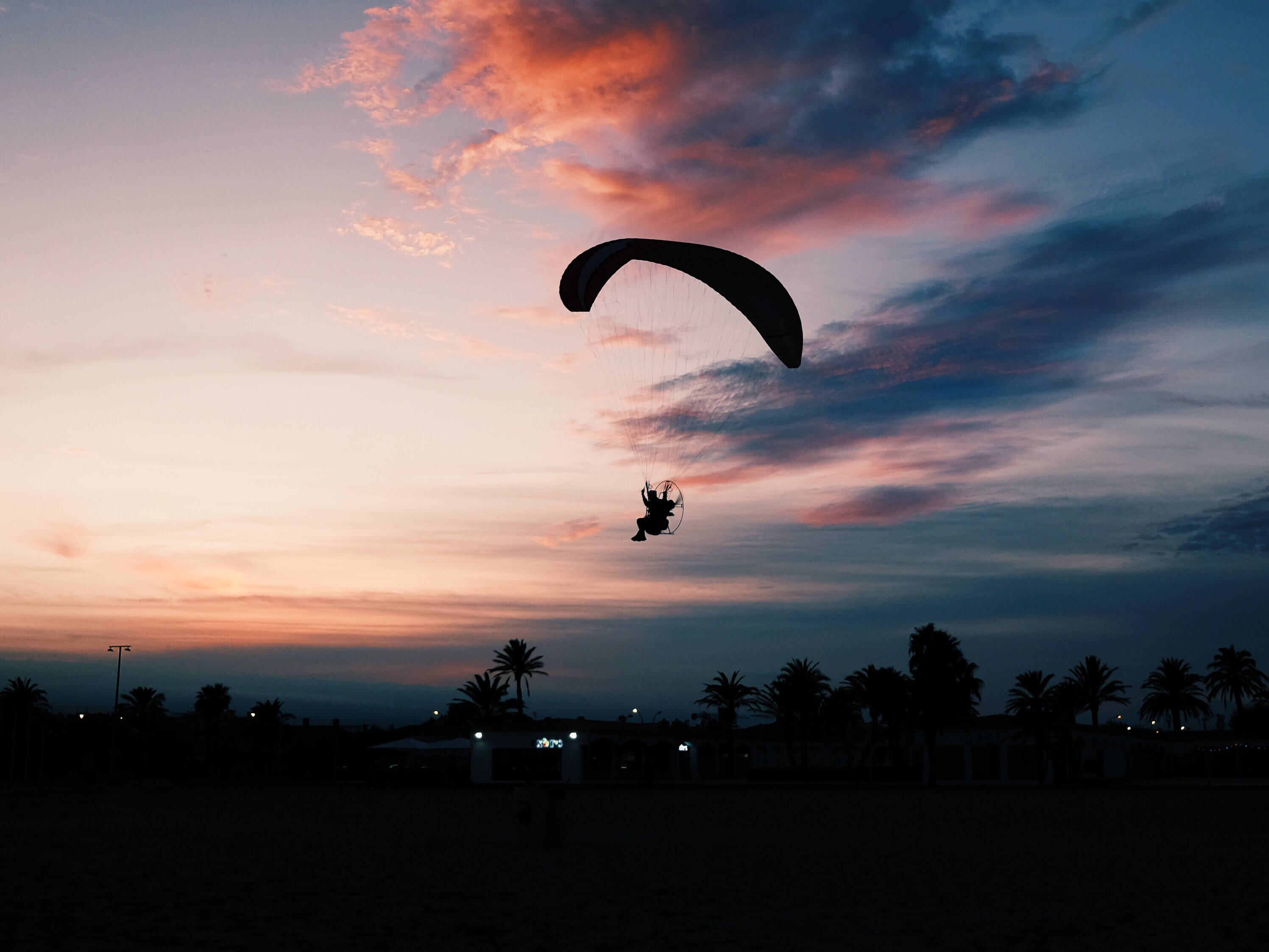 Paragliding 桌布 壁紙 — 滑翔傘在橙、粉紅和藍色雲彩的夕陽天空襯托下，在棕櫚樹上方形成剪影。