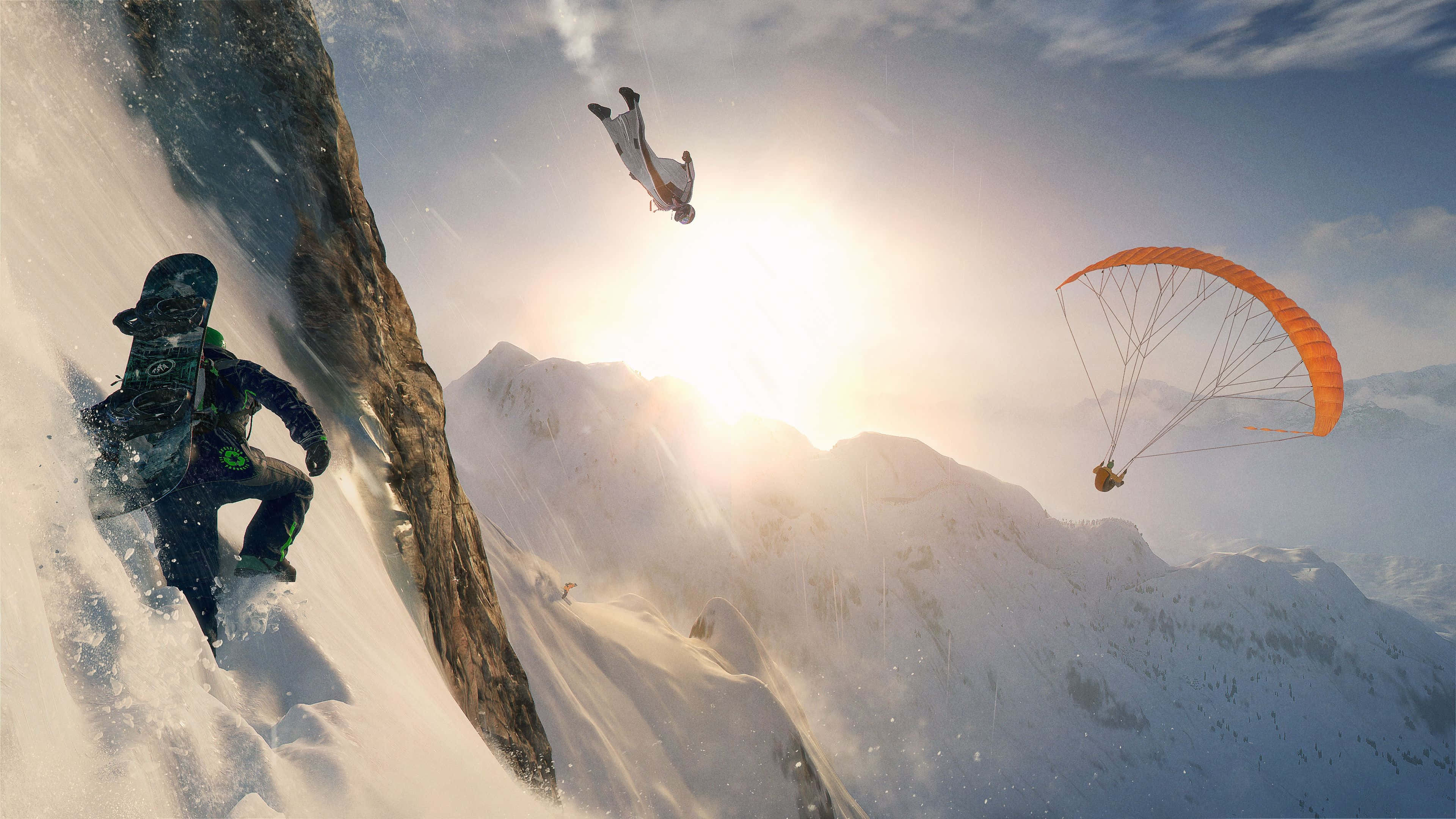 Paragliding 桌布 壁紙 — 滑雪板運動員從陡峭的雪崖上滑下，而滑翔傘和滑雪板運動員在沐浴在金色日出光芒中的阿爾卑斯山峰上空翱翔。