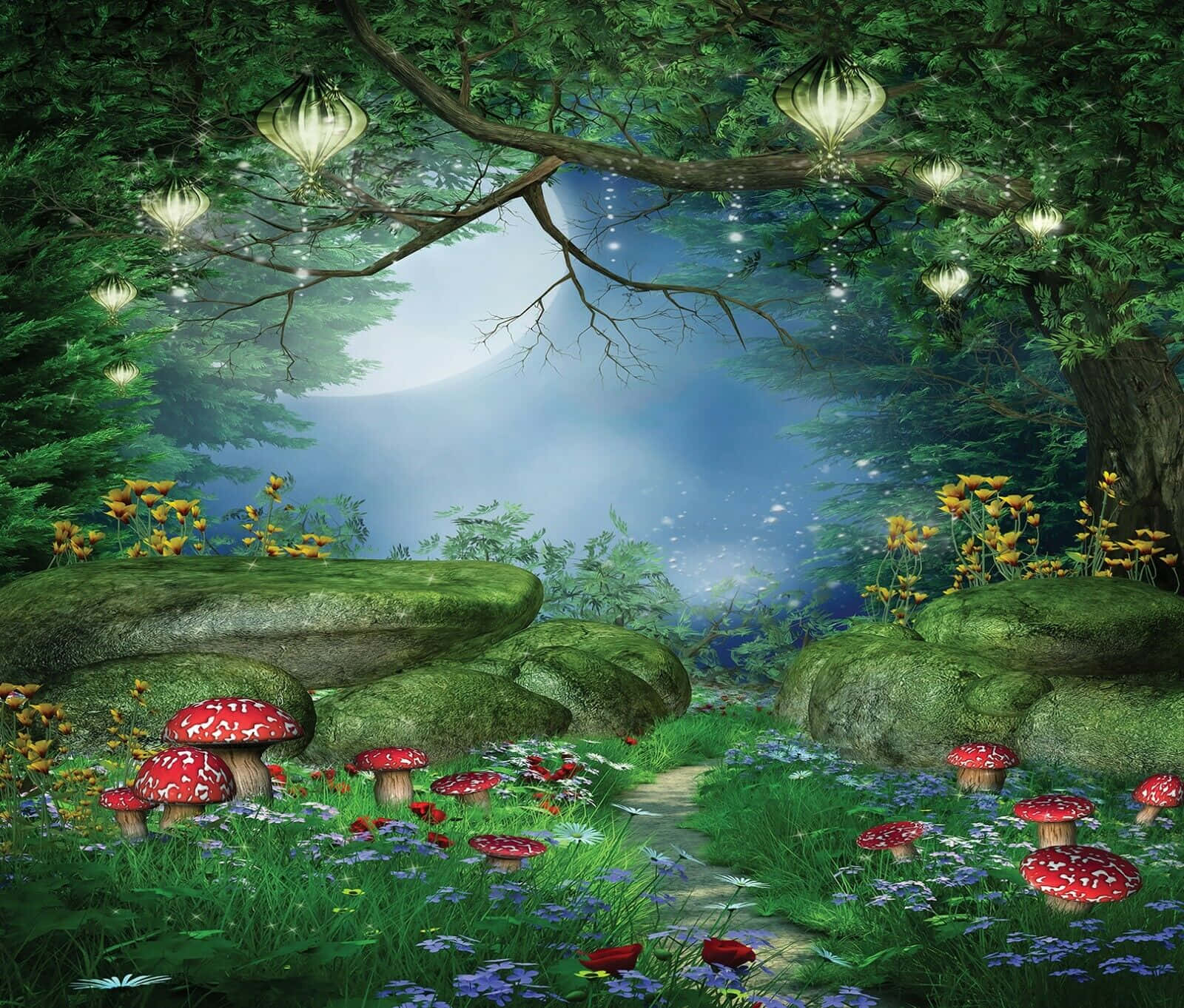 Magical Forest 桌布 壁紙 — 滿月下，一條魔法森林小徑，兩旁掛滿發光燈籠和紅色蘑菇。
