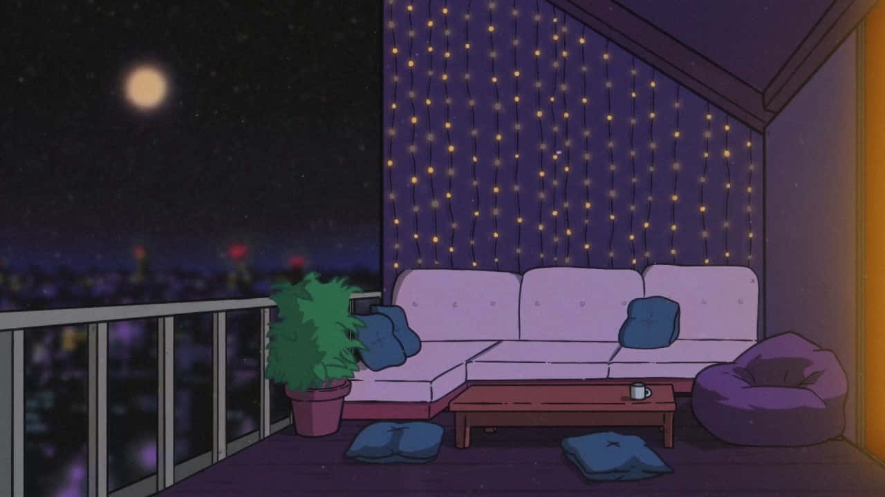 lofi 桌布 壁紙 — 滿月下，白色沙發及懶骨頭上閃爍著串燈的舒適夜間陽台。