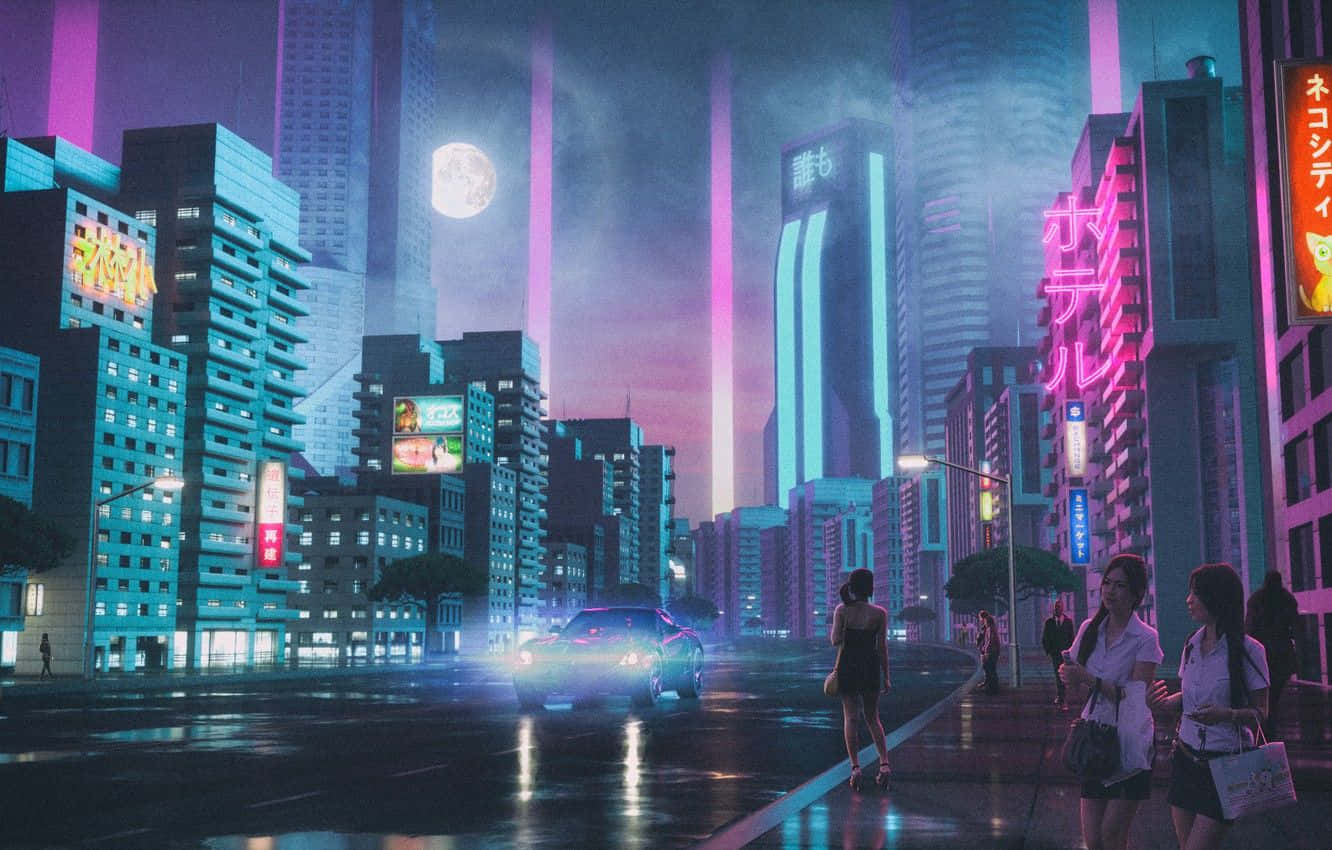 桌布 壁紙 — 滿月下，霓虹燈閃爍的賽博龐克城市街道，發光招牌、雨水濕滑的人行道和行人。