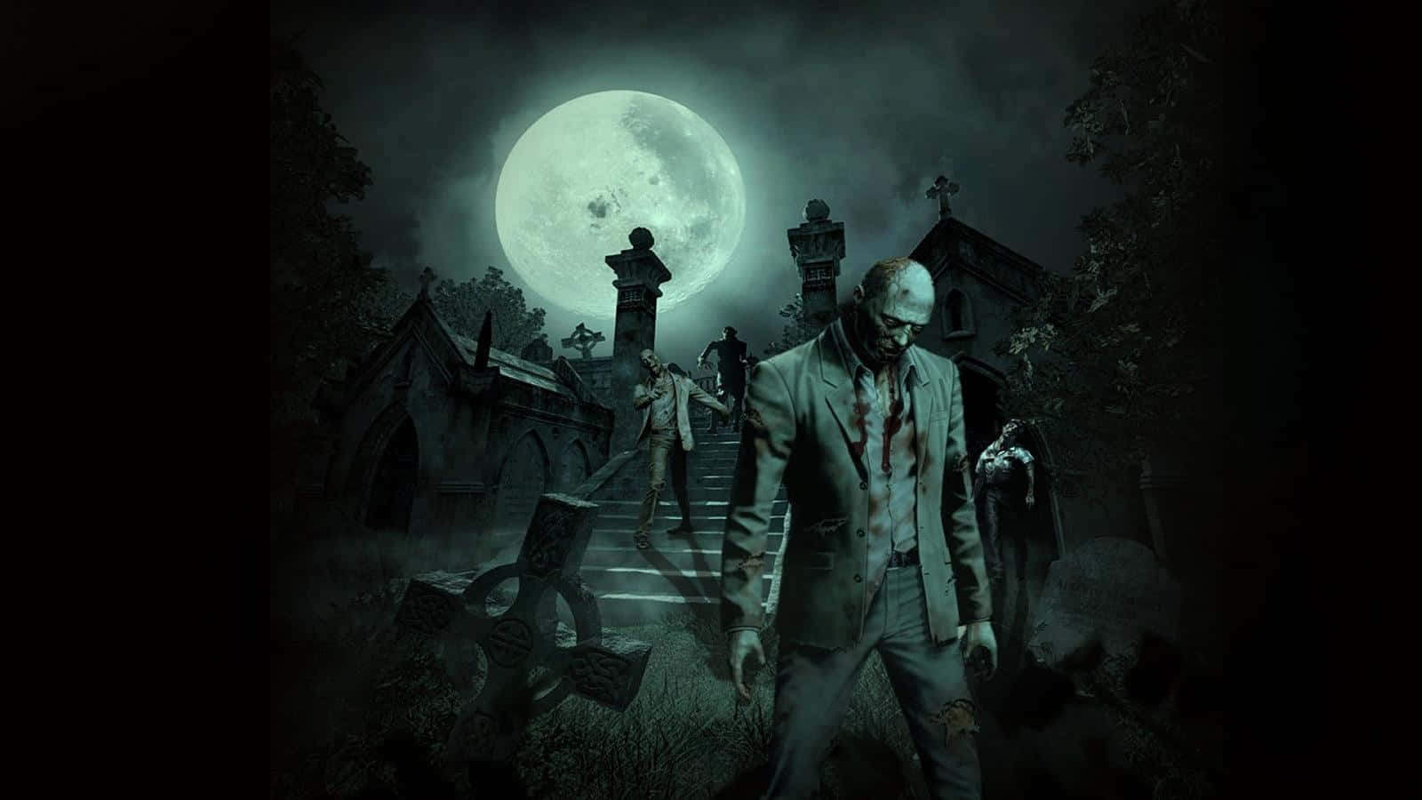 Dark Gothic 桌布 壁紙 — 滿月下一個令人毛骨悚然的墓地場景，殭屍穿過霧氣瀰漫的墓碑蹣跚走向觀眾。