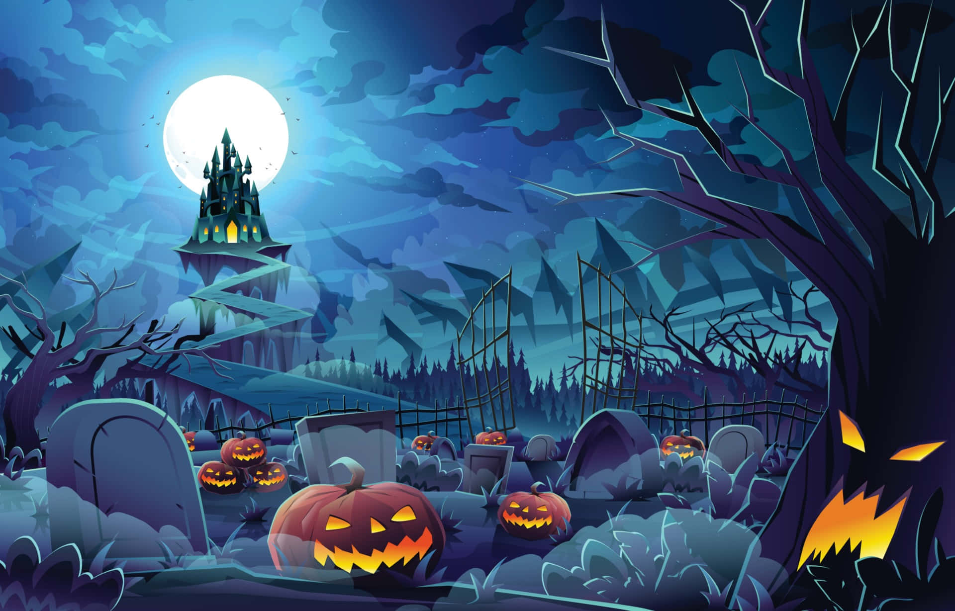 Halloween Profile 桌布 壁紙 — 滿月下一個詭異的萬聖節墓地，有發光的傑克南瓜燈和遠處的鬼城堡。