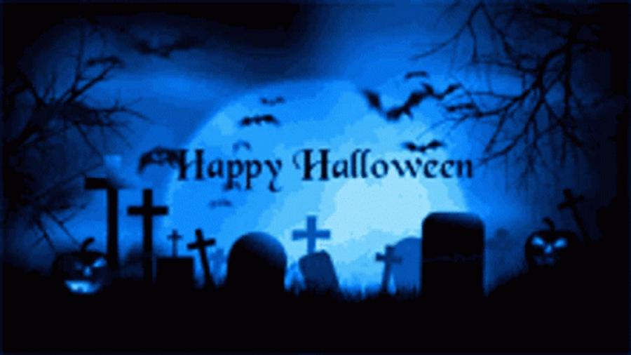 Spooky 桌布 壁紙 — 滿月下發光的傑克南瓜燈、墓碑和飛翔蝙蝠的詭異萬聖節夜景。