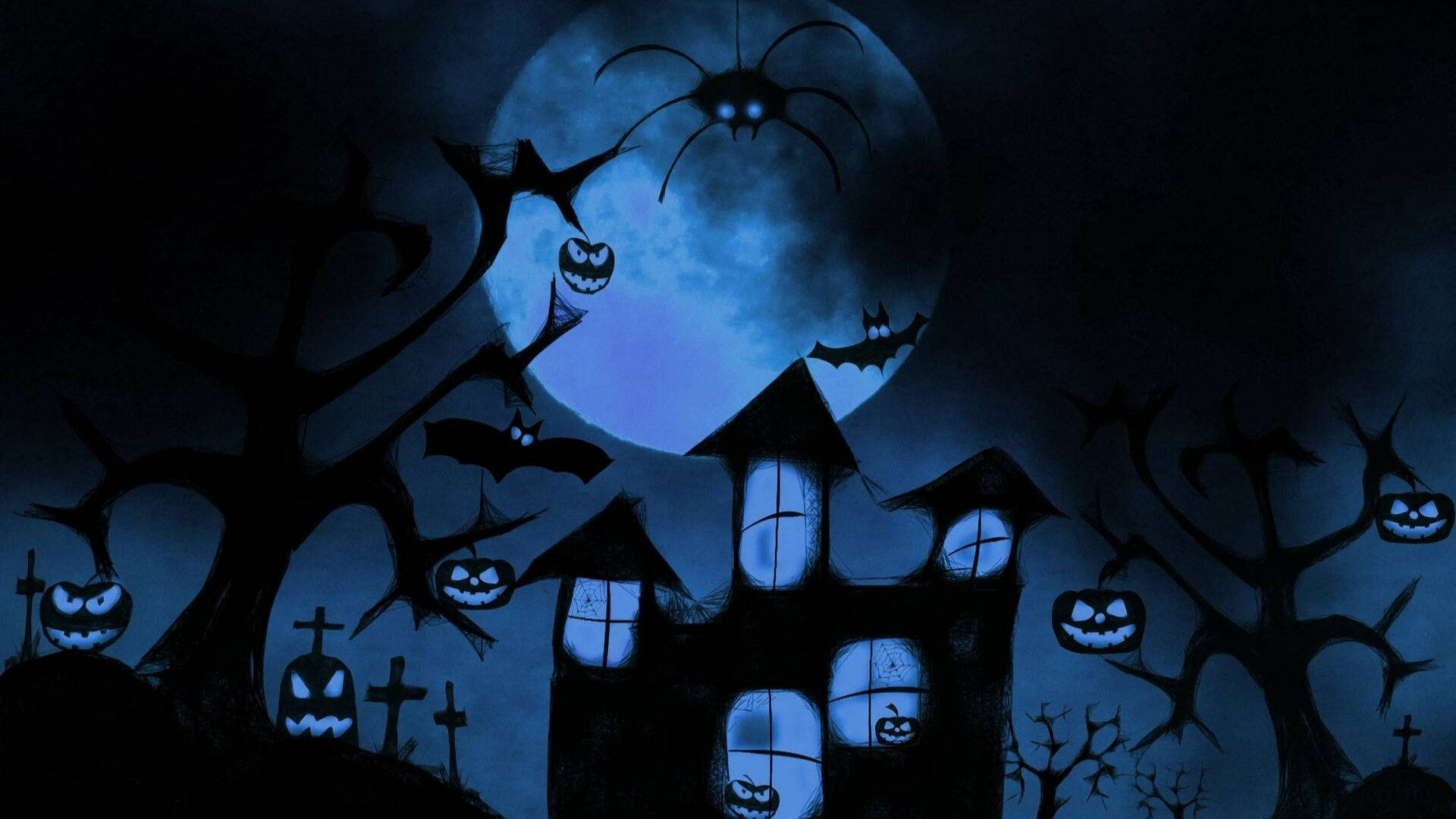 Cartoon Halloween 桌布 壁紙 — 滿月下的恐怖鬼屋，有發光南瓜燈、蝙蝠和扭曲的樹木，在深藍色的萬聖節夜晚場景。