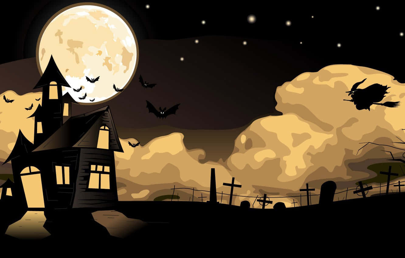 Moon Lighting 桌布 壁紙 — 滿月下的恐怖鬼屋，蝙蝠飛舞，女巫騎著掃帚飛過墓地。