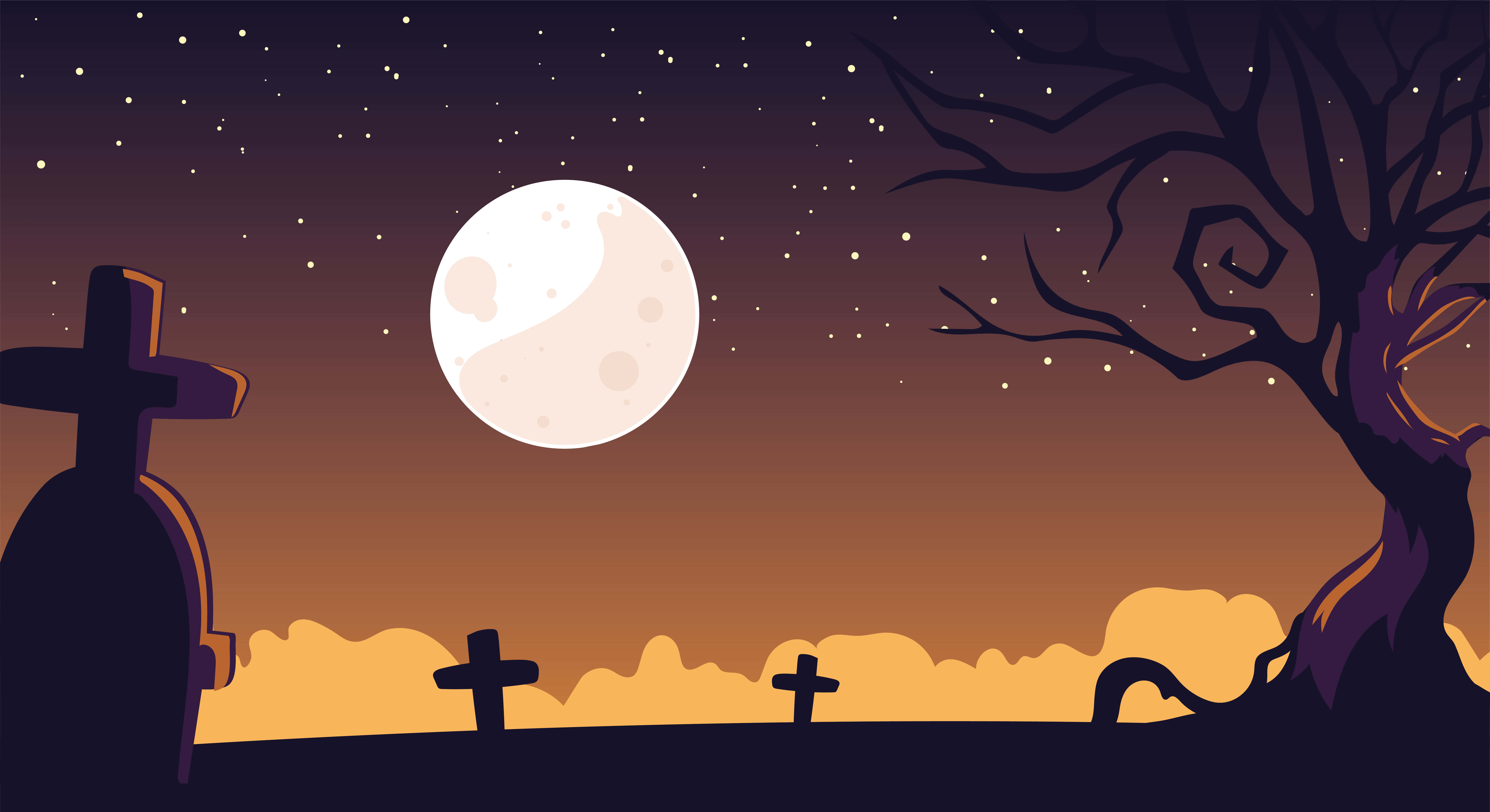Graveyard 桌布 壁紙 — 滿月下的陰森墓地，剪影墓碑和扭曲的樹木映襯著星光燦爛的暮色天空。