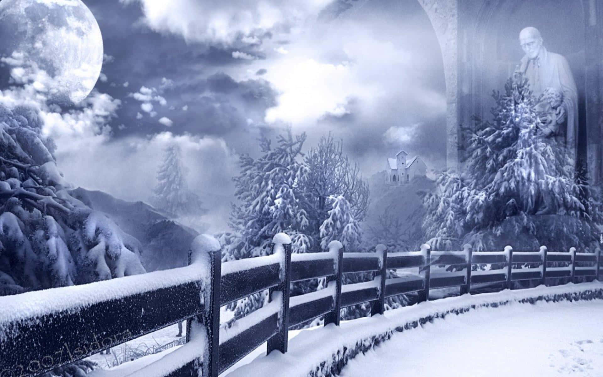 Best Winter 桌布 壁紙 — 滿月下的雪地冬日景觀，一條被雪覆蓋的籬笆通向遠方的教堂，拱門中有一個幽靈般的身影。