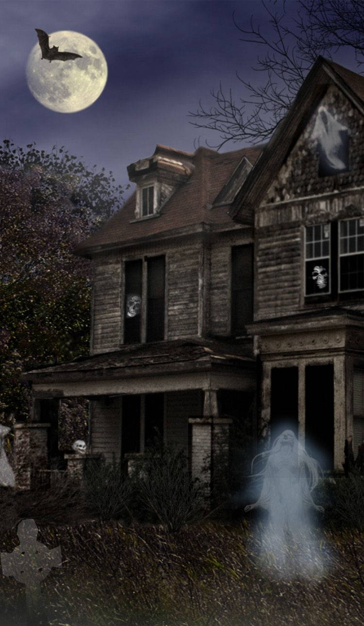 Haunted House 桌布 壁紙 — 滿月下的鬼屋，有鬼魂和蝙蝠營造出詭異的夜晚場景。