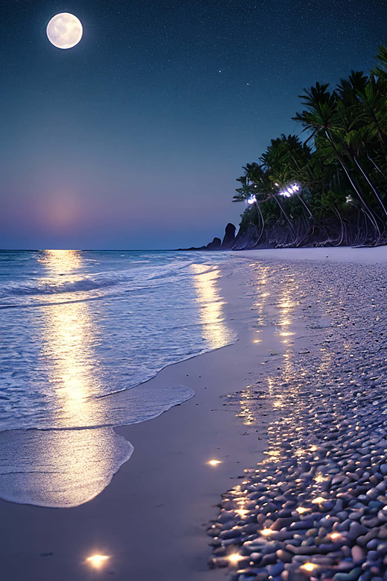 The beach stones, soaked in the moonlight, resemble a natural painting, shining with the serenity of 壁紙 — 滿月在寧靜的海灘上灑下閃爍的光芒，溫柔的海浪在星空下親吻著卵石海岸。