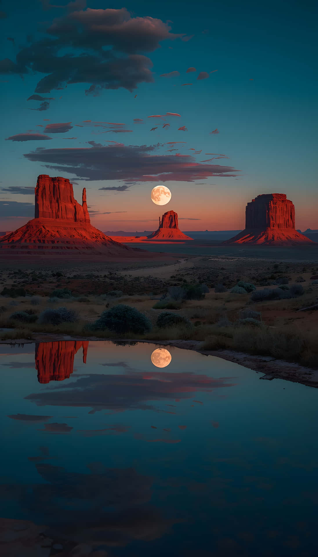 Monument Valley Moonrise Reflection 壁紙 — 滿月在暮色中升起，映照在寧靜沙漠水池中的紅色砂岩山丘之後。