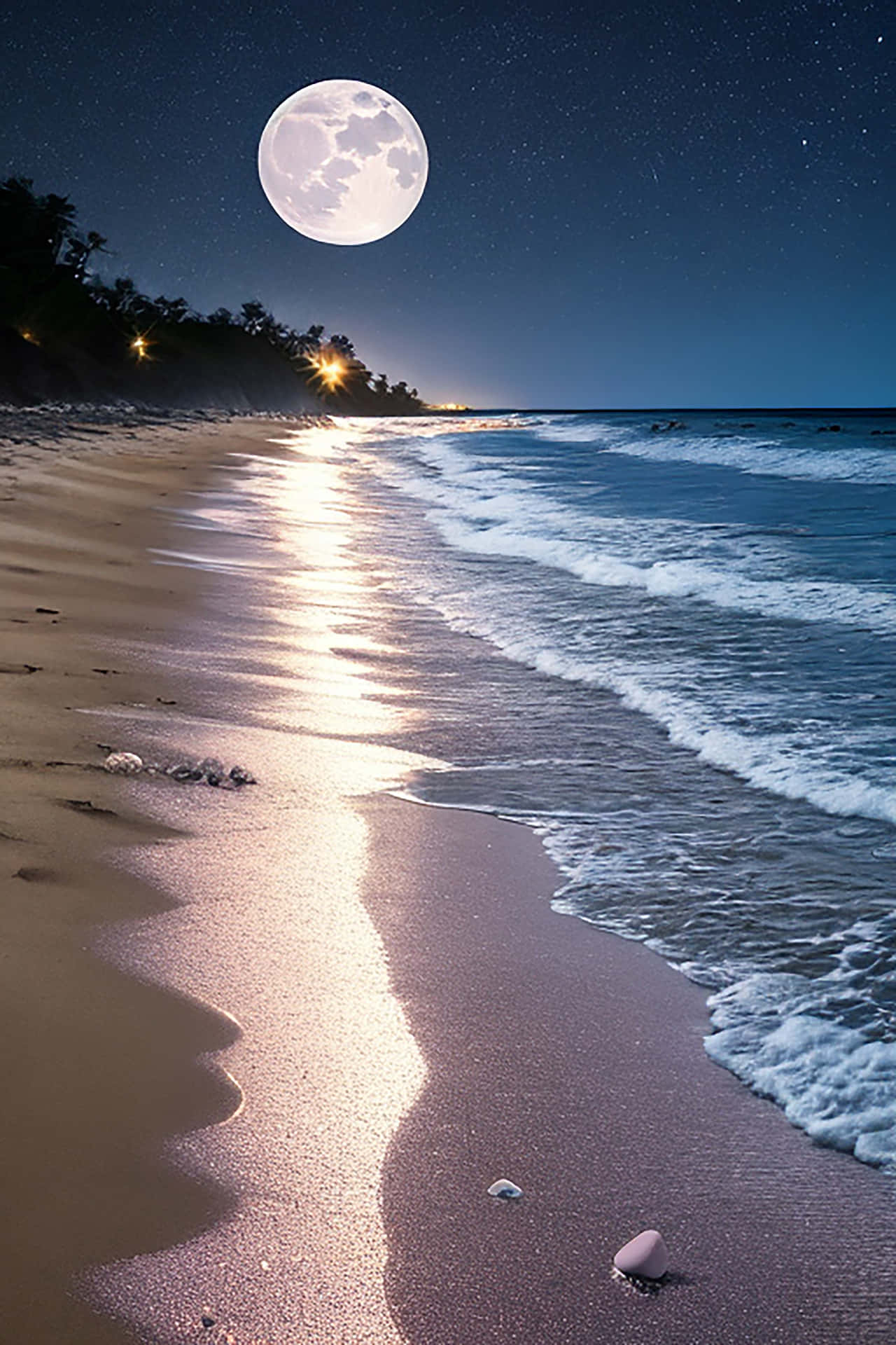 The beach stones, soaked in the moonlight, resemble a natural painting, shining with the serenity of 壁紙 — 滿月在繁星點點的夜晚海灘上閃耀，溫柔的海浪在遠方的燈光下拍打著海岸。