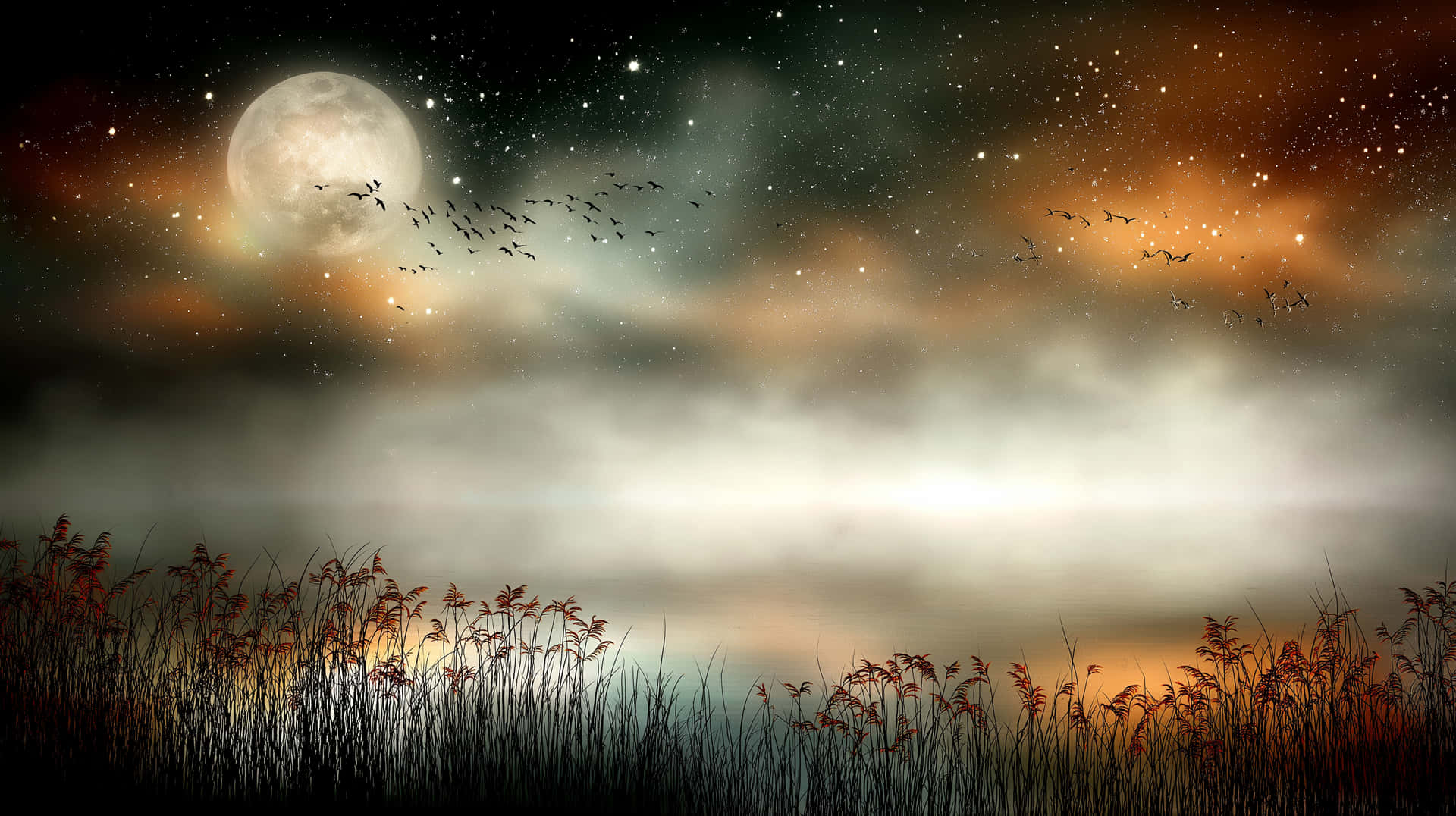 Moonlit Lake Serenity 壁紙 — 滿月在霧氣瀰漫的地平線上方發光，剪影般的蘆葦在星空下搖曳，候鳥在飛翔。