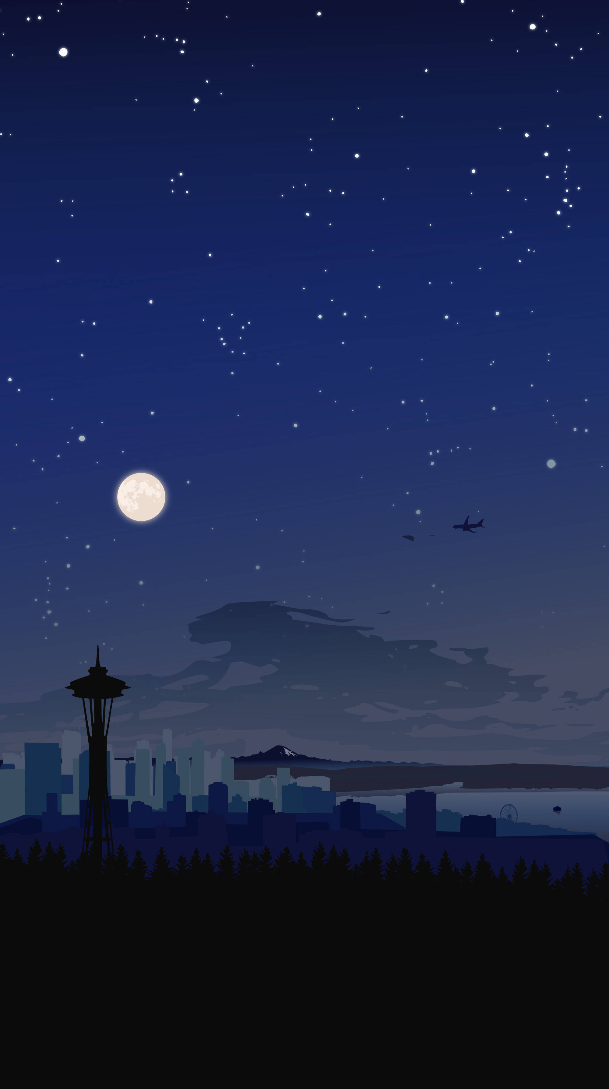 Seattle Skyline 桌布 壁紙 — 滿月照耀的星空夜晚，照亮了西雅圖天際線，包括太空針塔和遠處的山脈。
