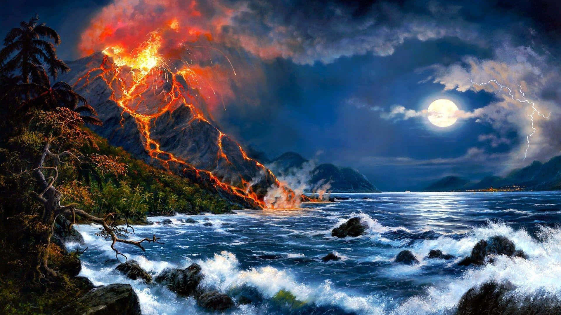 Natural Disaster 桌布 壁紙 — 滿月與閃電下，發光熔岩流入海洋的夜間火山爆發。