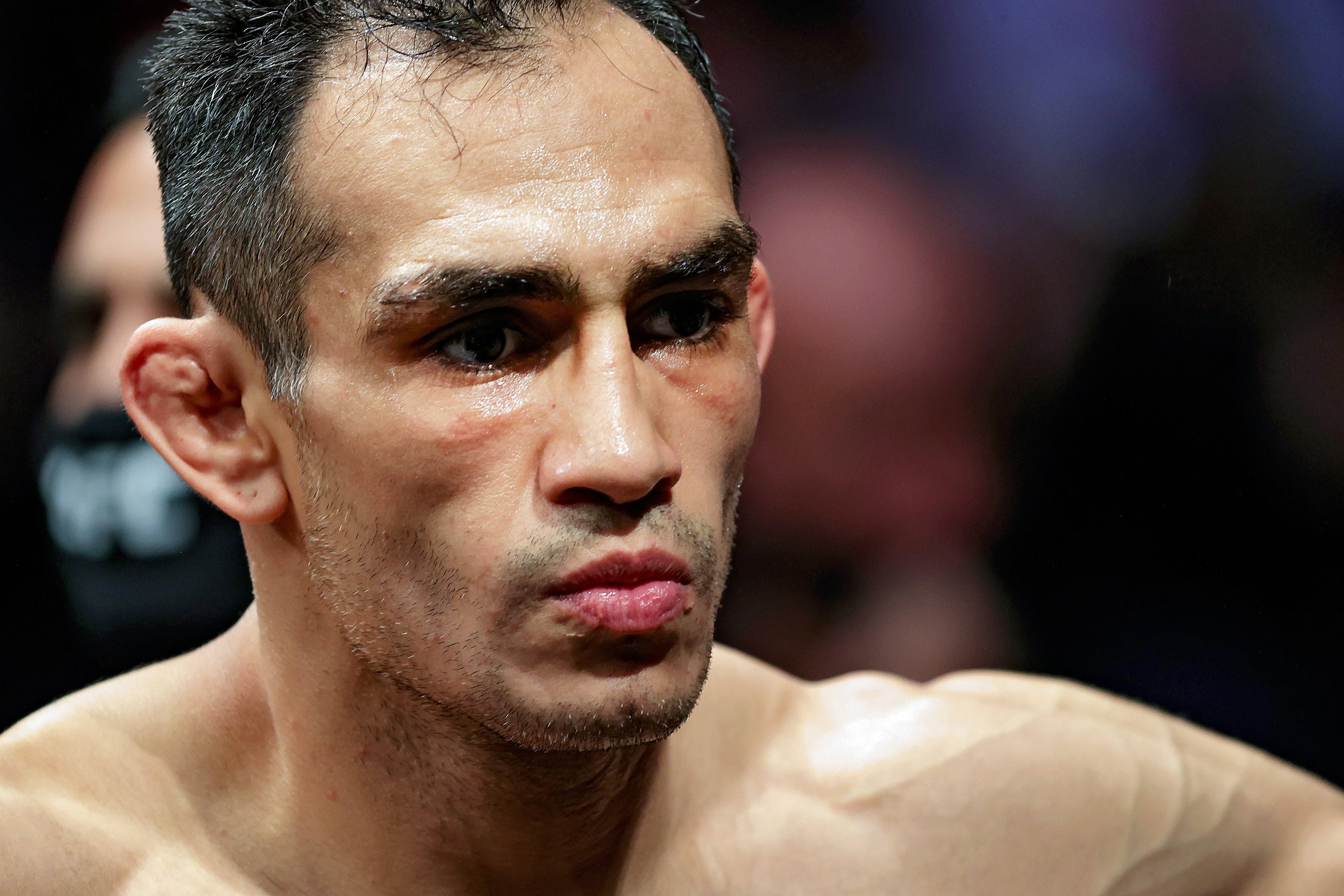 UFC 桌布 壁紙 — 滿身大汗、意志堅定的混合武術家特寫，眼神銳利，臉部可見瘀傷。