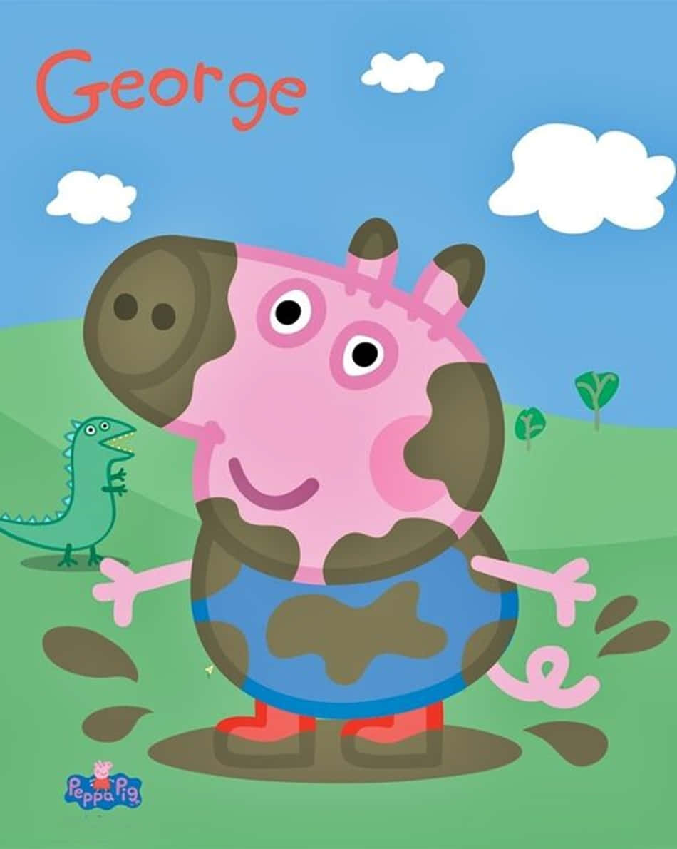 George Pig 桌布 壁紙 — 滿身泥濘的豬喬治在草地上開心地笑著，旁邊有一個綠色恐龍玩具。