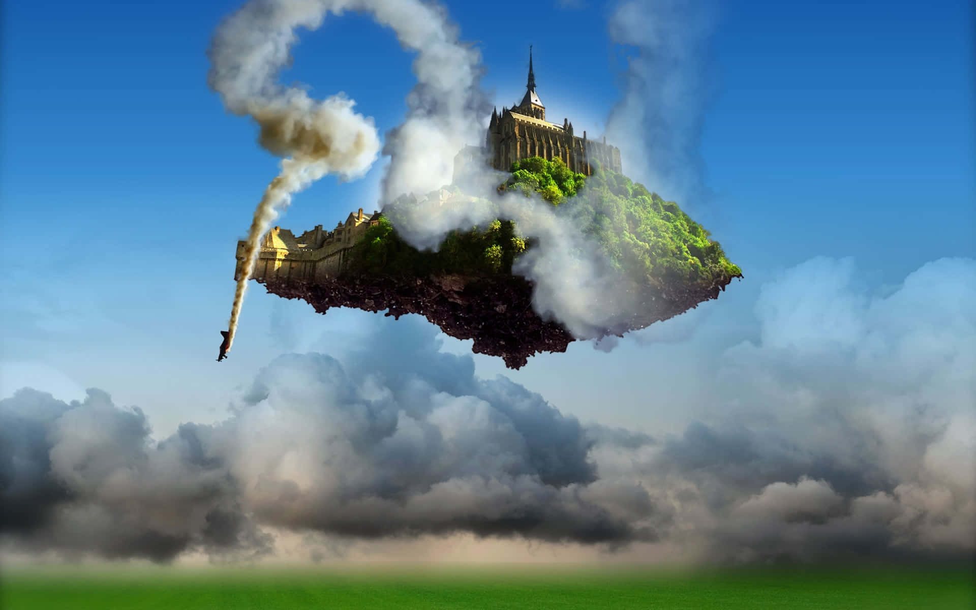 漂浮在空中的城堡，煙霧裊裊 壁紙