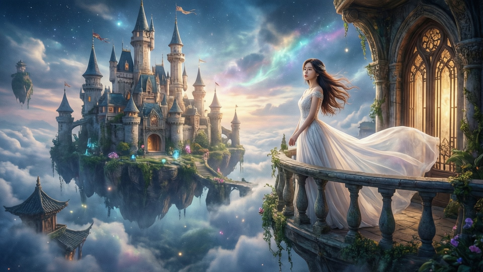 奇幻韓劇場景，漂浮城堡與白衣女子
