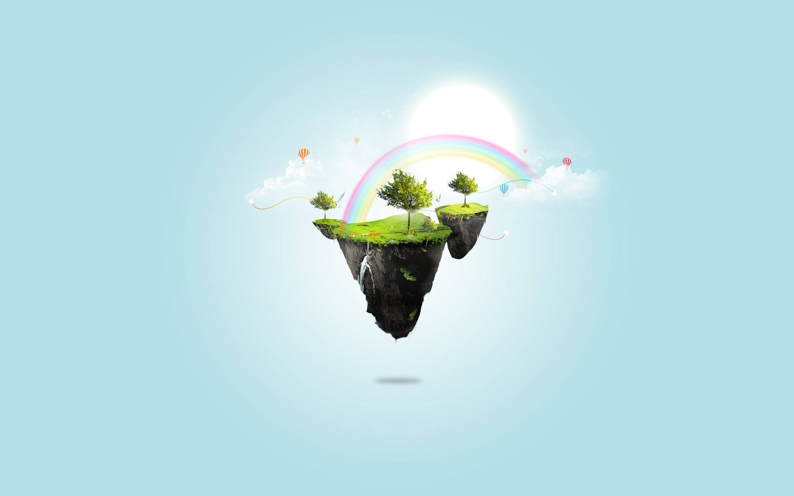 Floating 桌布 壁紙 — 漂浮島嶼，上有綠樹和瀑布，在明亮的陽光下，一道彩虹橫跨兩座懸崖之間。