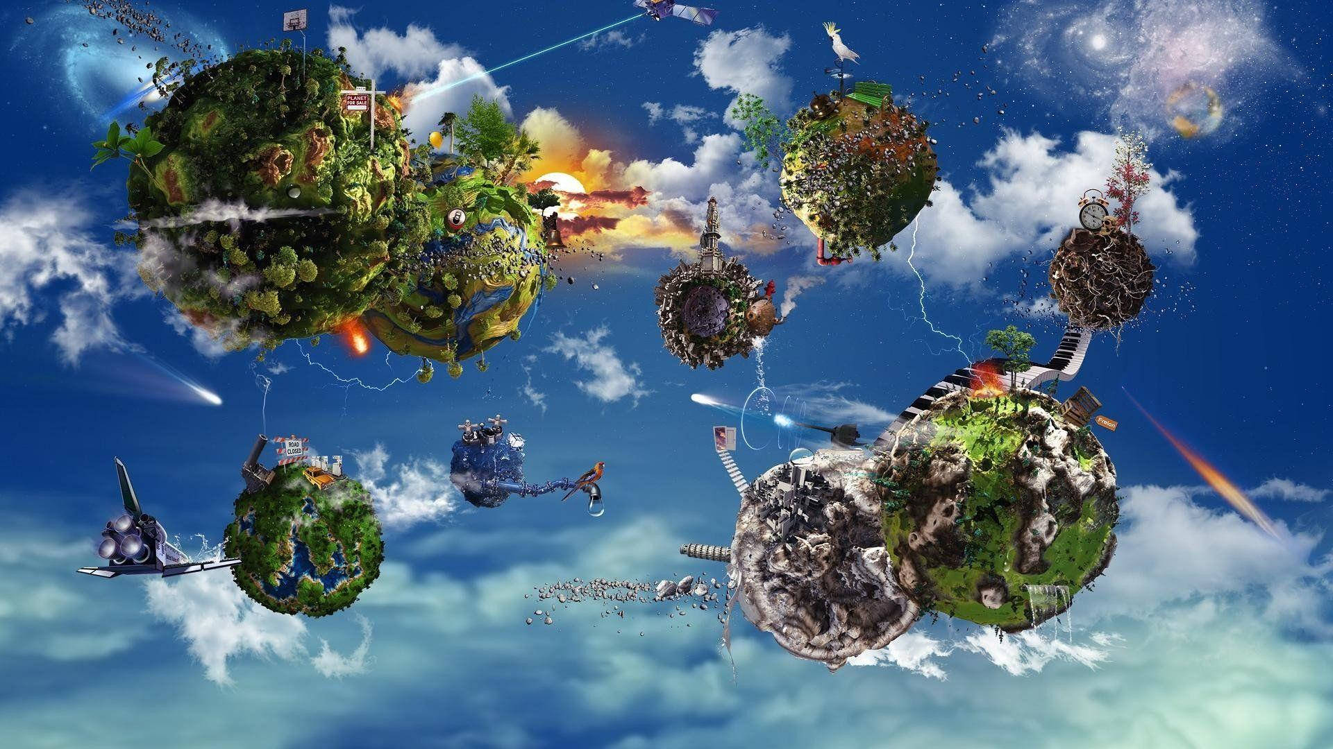 Floating 桌布 壁紙 — 漂浮島嶼上有茂密的綠色植物和未來主義建築，在充滿雲朵和流星的鮮豔藍天中飄浮。