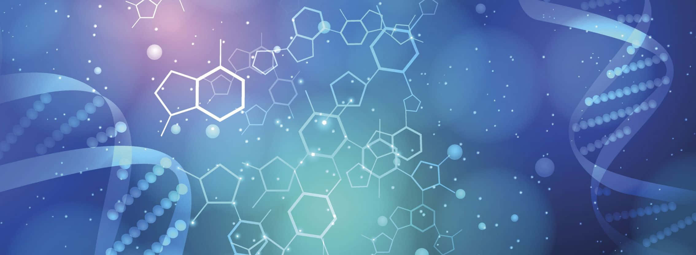 2268x832 桌布 壁紙 — 漂浮的分子結構和DNA鏈在漸變藍色背景上發光，帶有散景燈光。