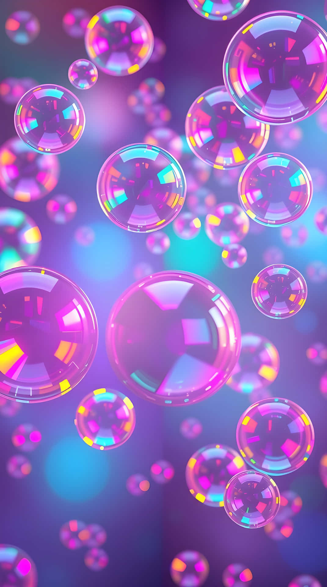 Iridescent Bubbles Floating on Neon Background 壁紙 — 漂浮的半透明氣泡在紫色和藍色漸變背景上折射出鮮豔的霓虹燈光。